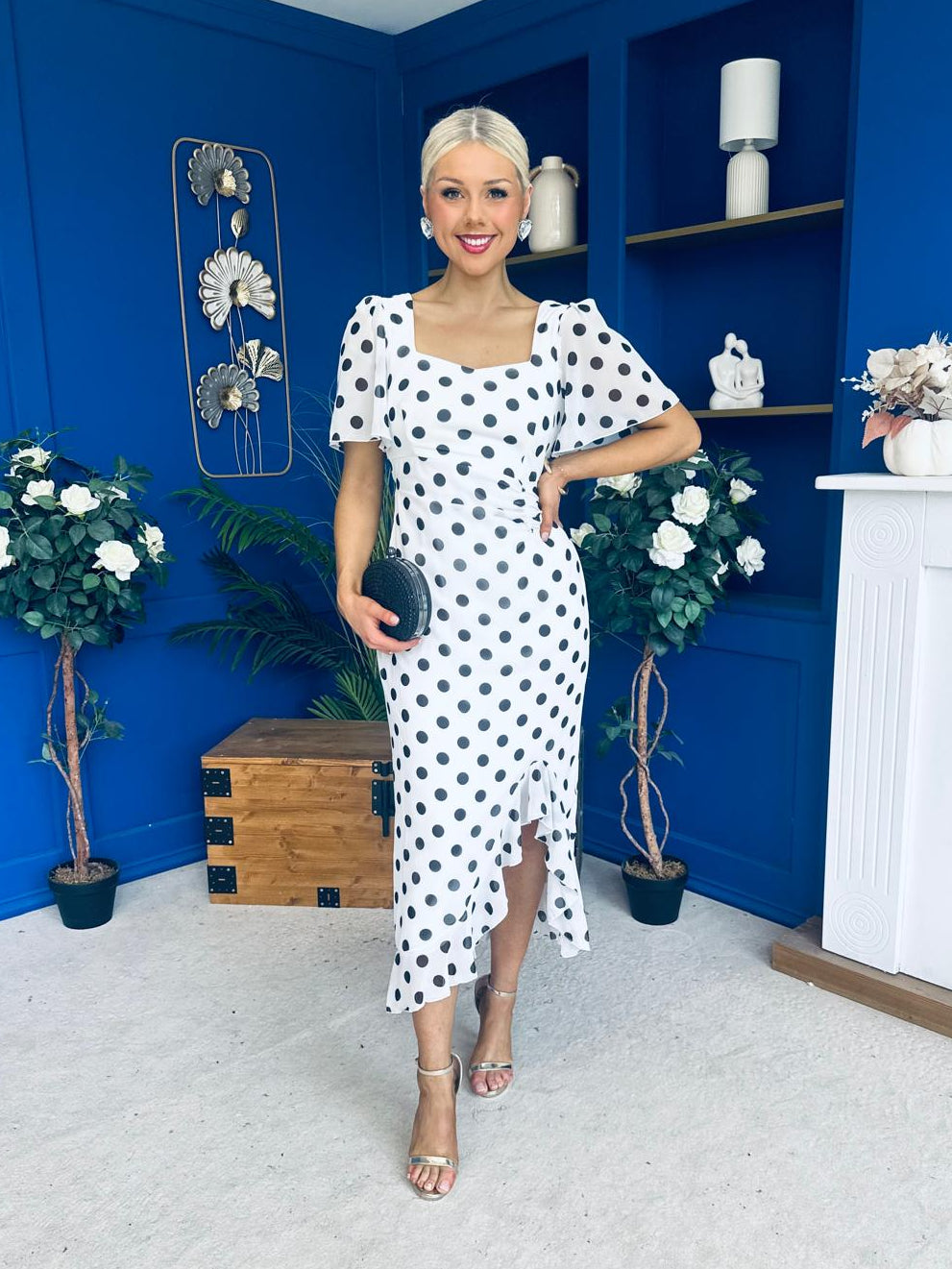 Heidi Chiffon Detail Ruched Midi Dress Polka White