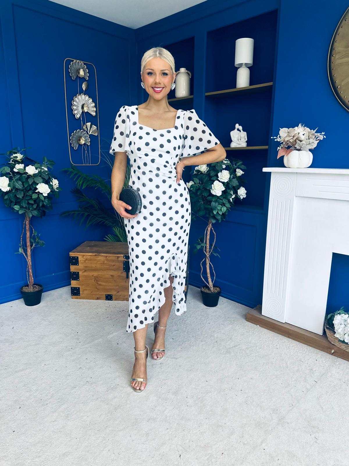 Heidi Chiffon Detail Ruched Midi Dress Polka White