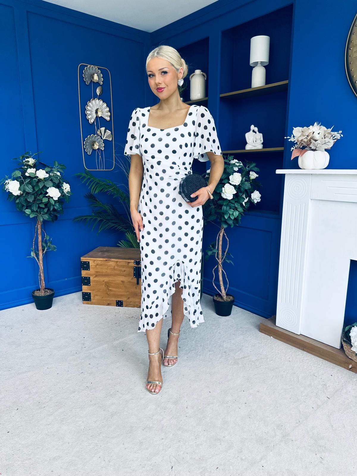 Heidi Chiffon Detail Ruched Midi Dress Polka White