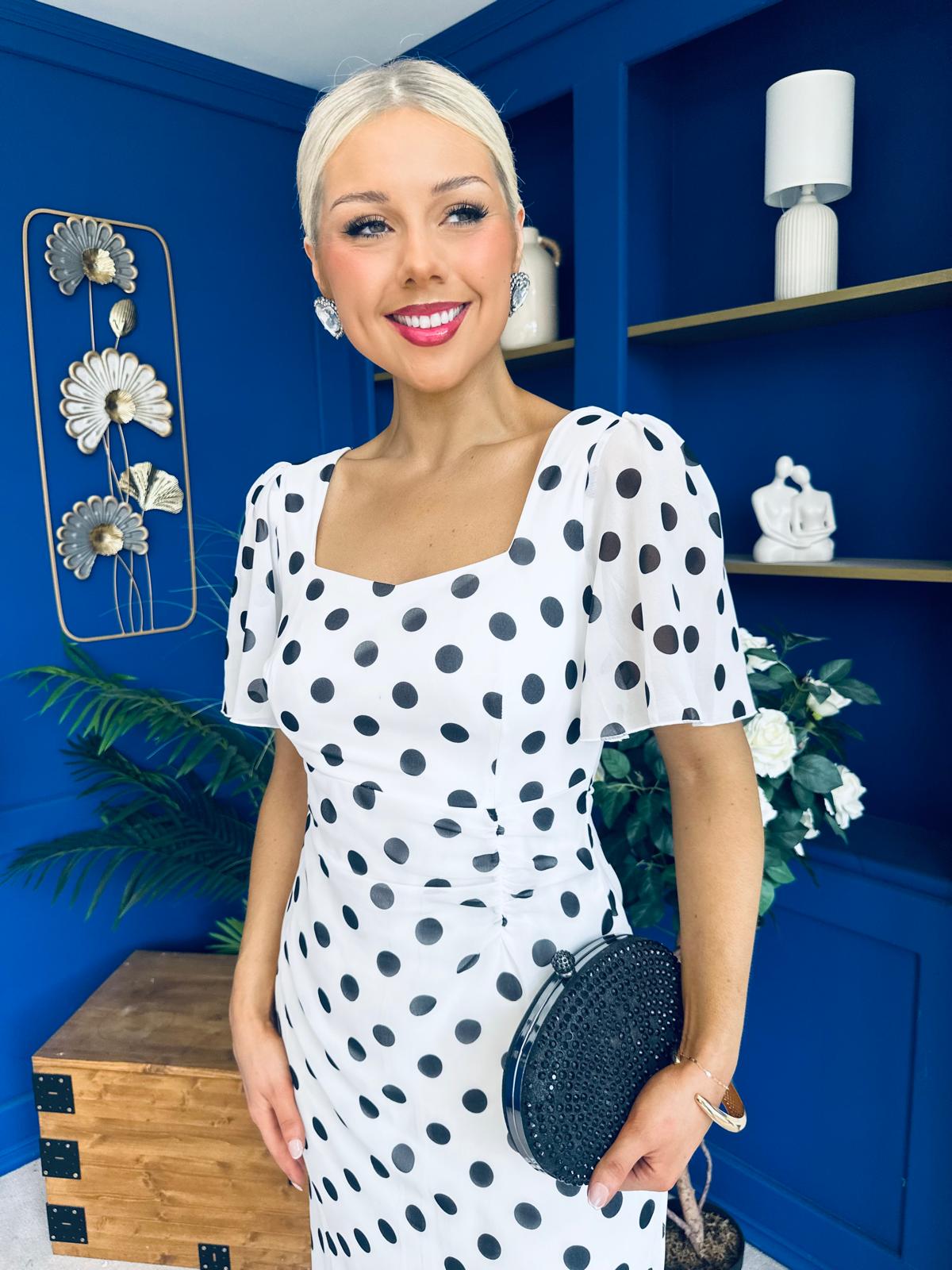 Heidi Chiffon Detail Ruched Midi Dress Polka White