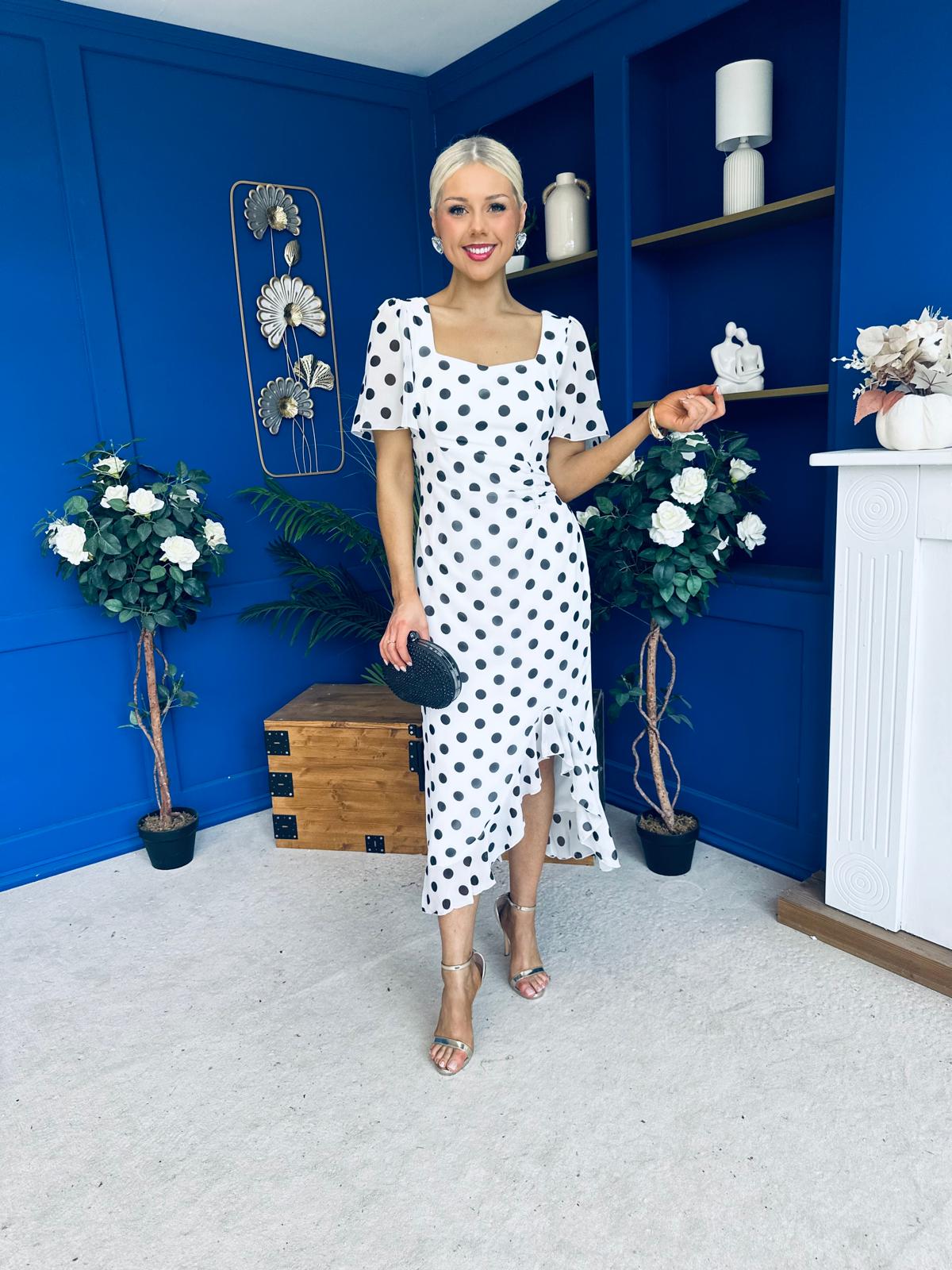 Heidi Chiffon Detail Ruched Midi Dress Polka White
