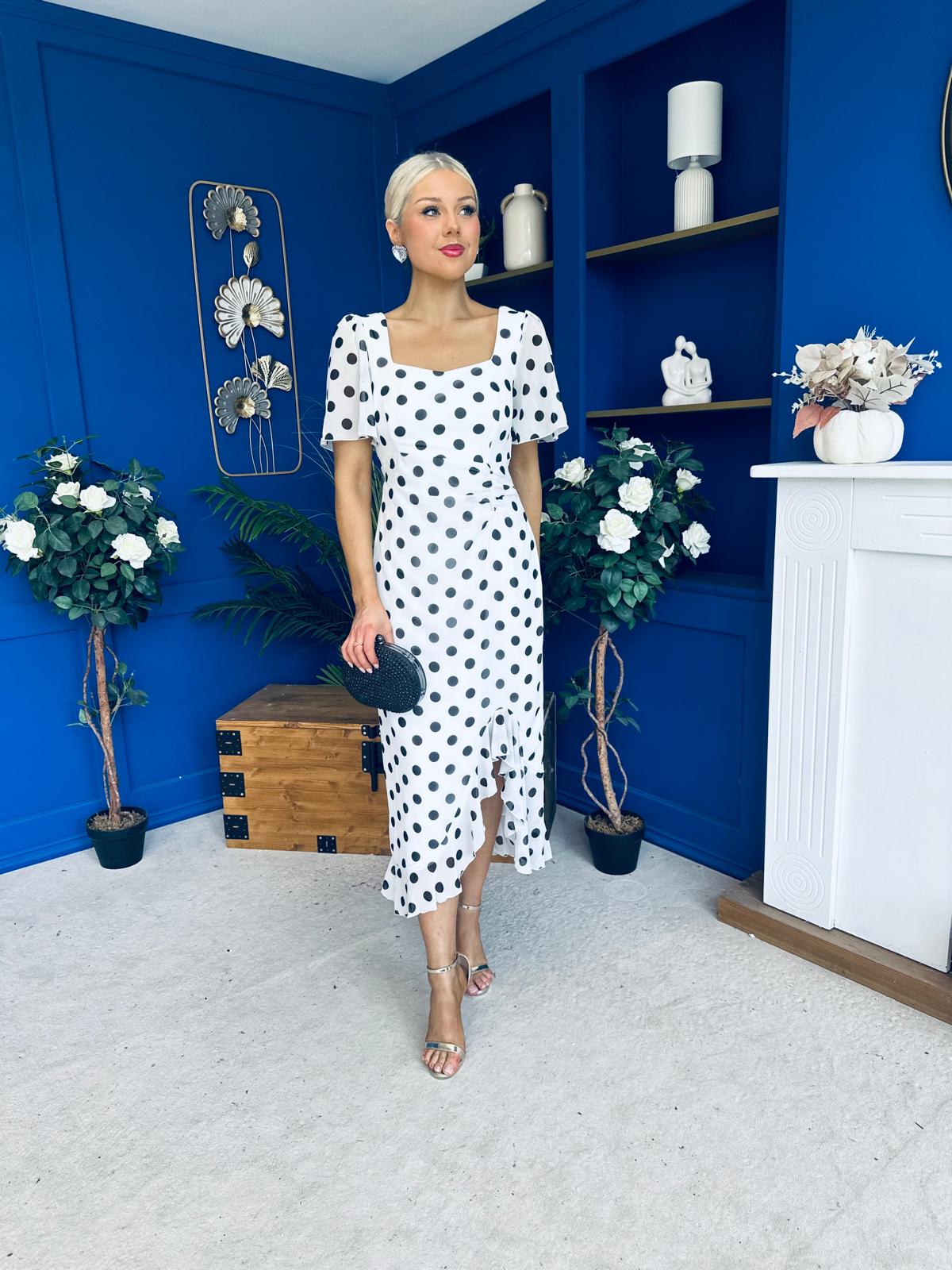 Heidi Chiffon Detail Ruched Midi Dress Polka White