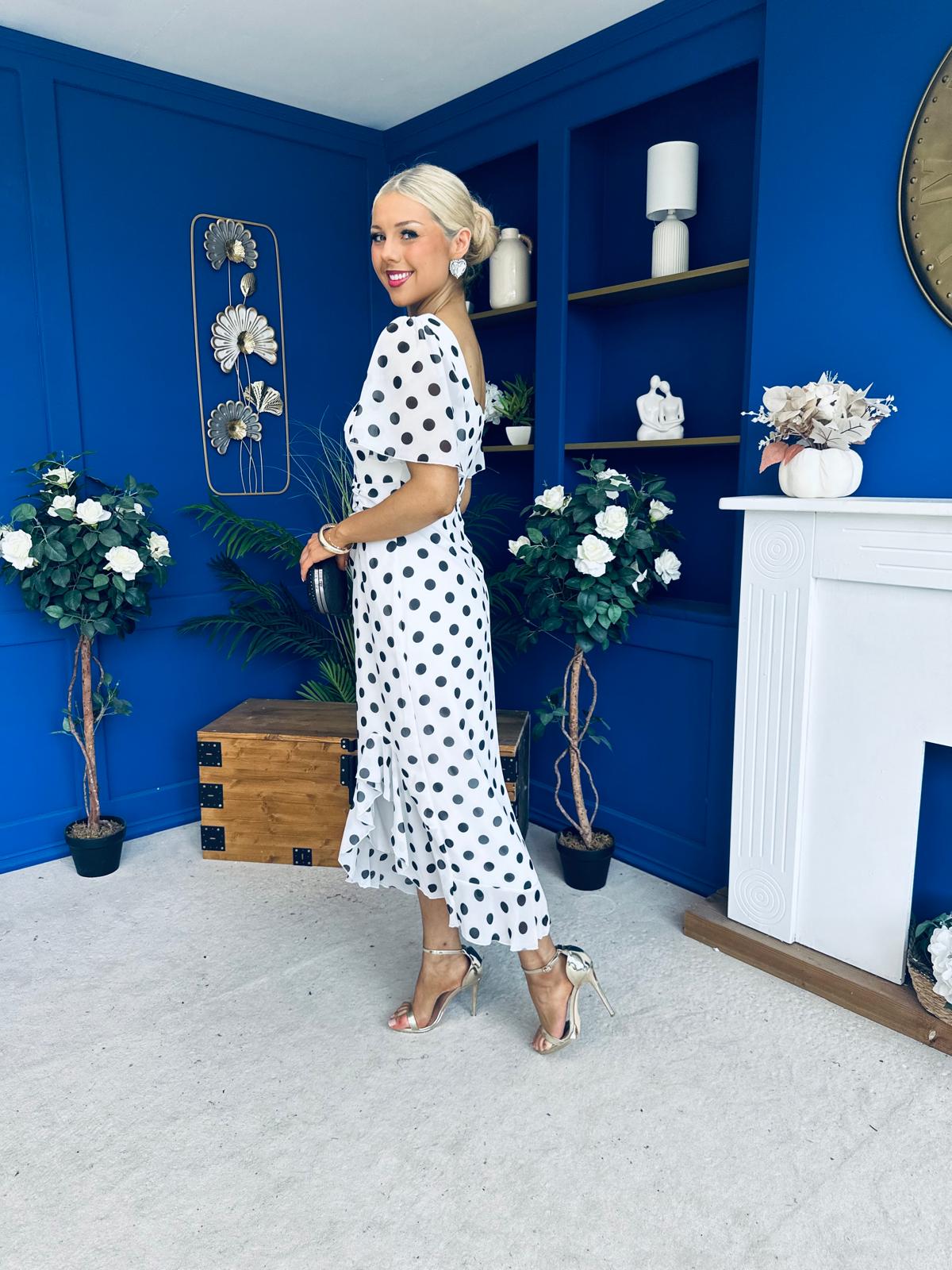 Heidi Chiffon Detail Ruched Midi Dress Polka White