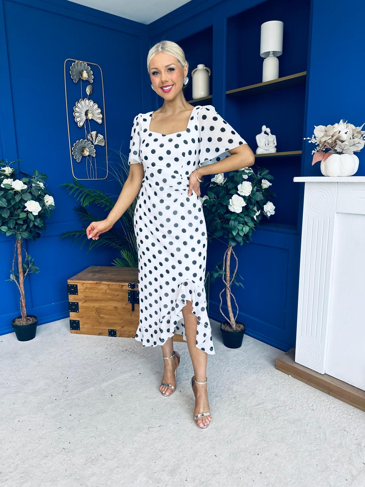 Heidi Chiffon Detail Ruched Midi Dress Polka White