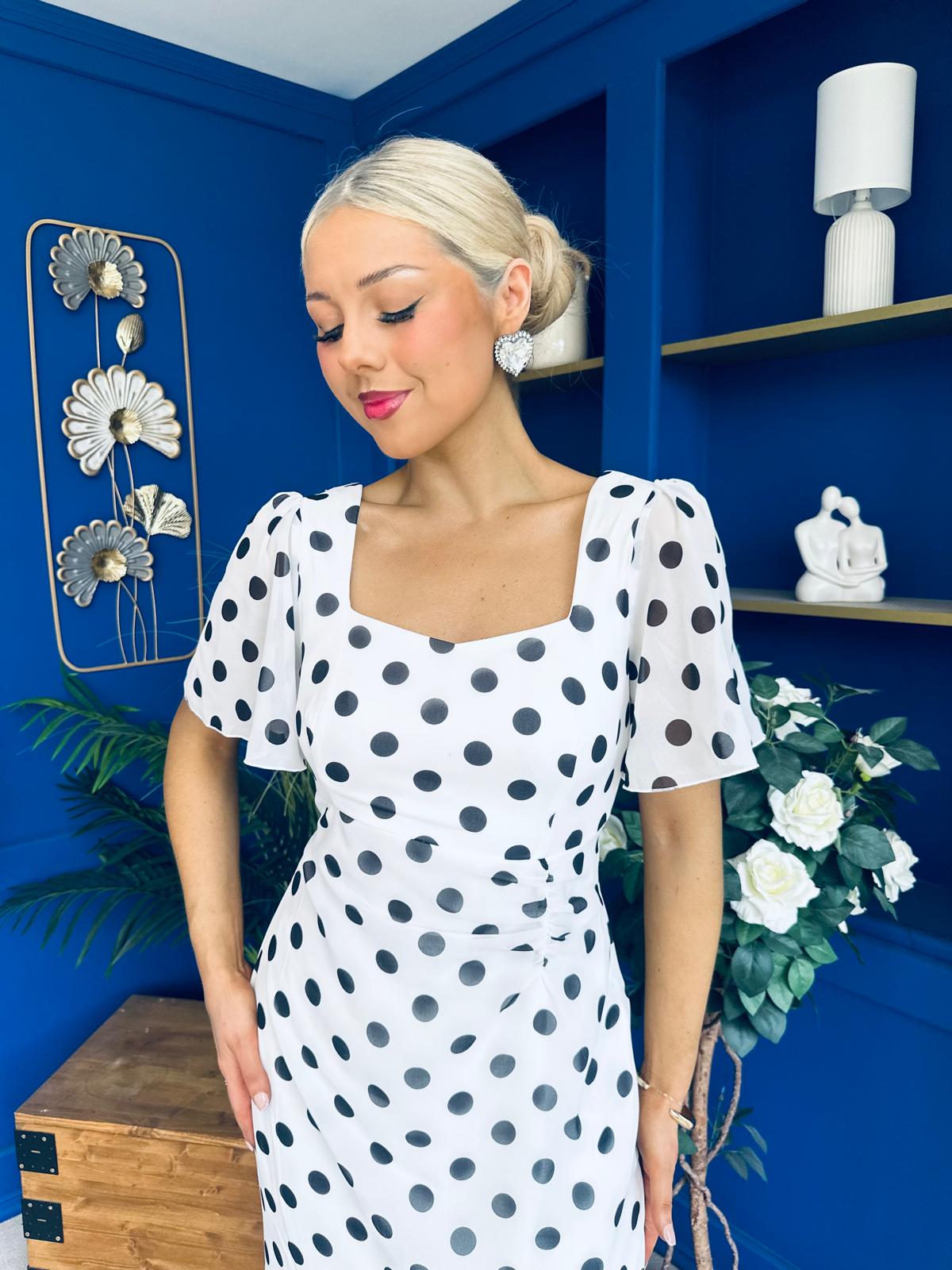 Heidi Chiffon Detail Ruched Midi Dress Polka White