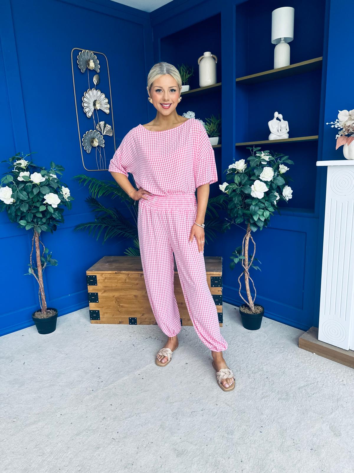 Scarlet Check Top & Trouser Set Pink