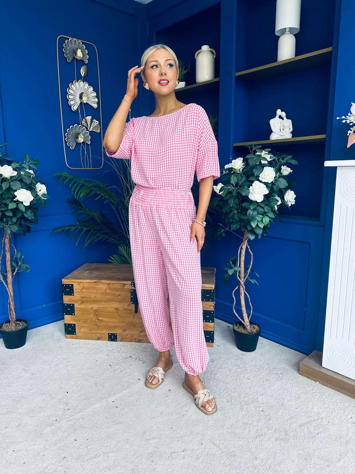 Scarlet Check Top & Trouser Set Pink