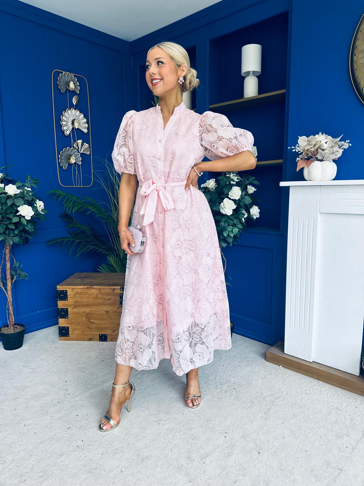Destiny Short Sleeve Lace Shirt Dress Pink