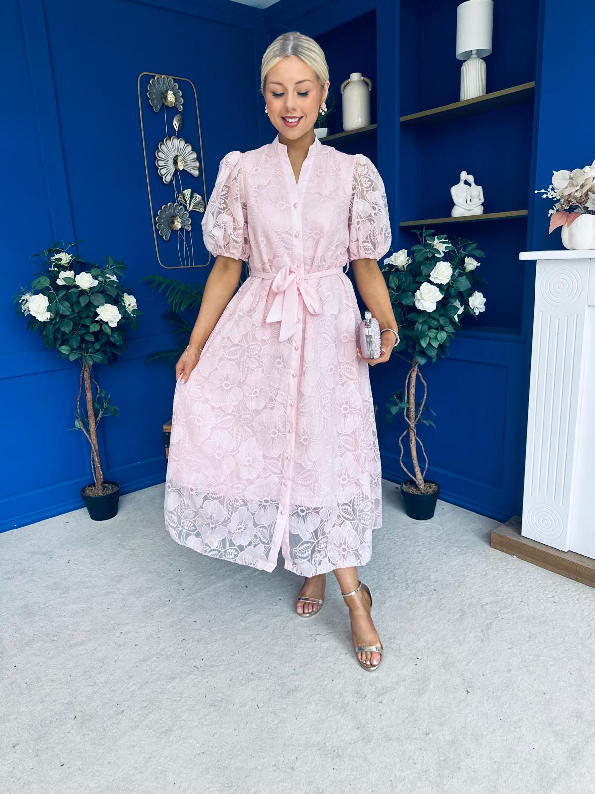 Destiny Short Sleeve Lace Shirt Dress Pink