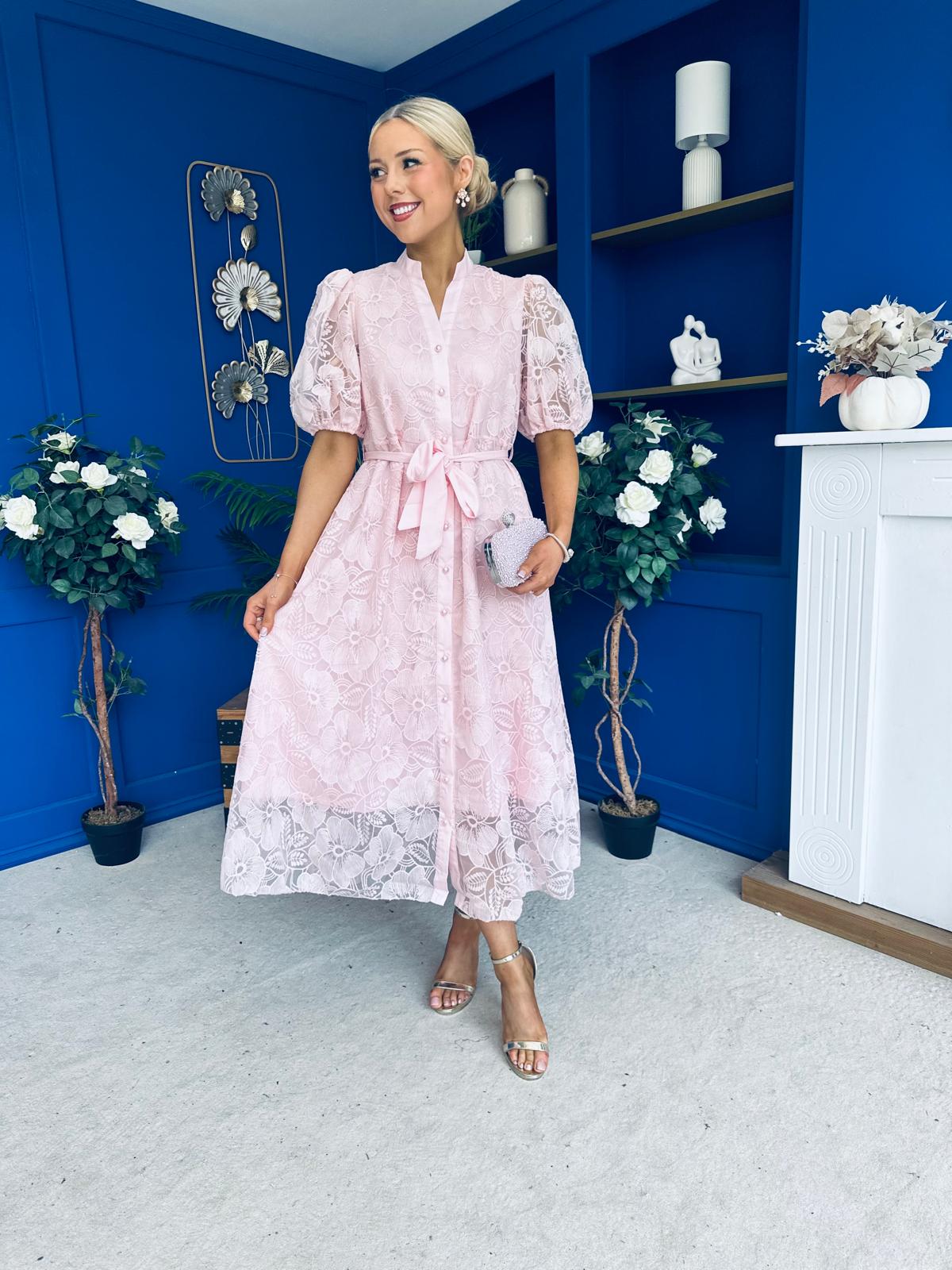 Destiny Short Sleeve Lace Shirt Dress Pink