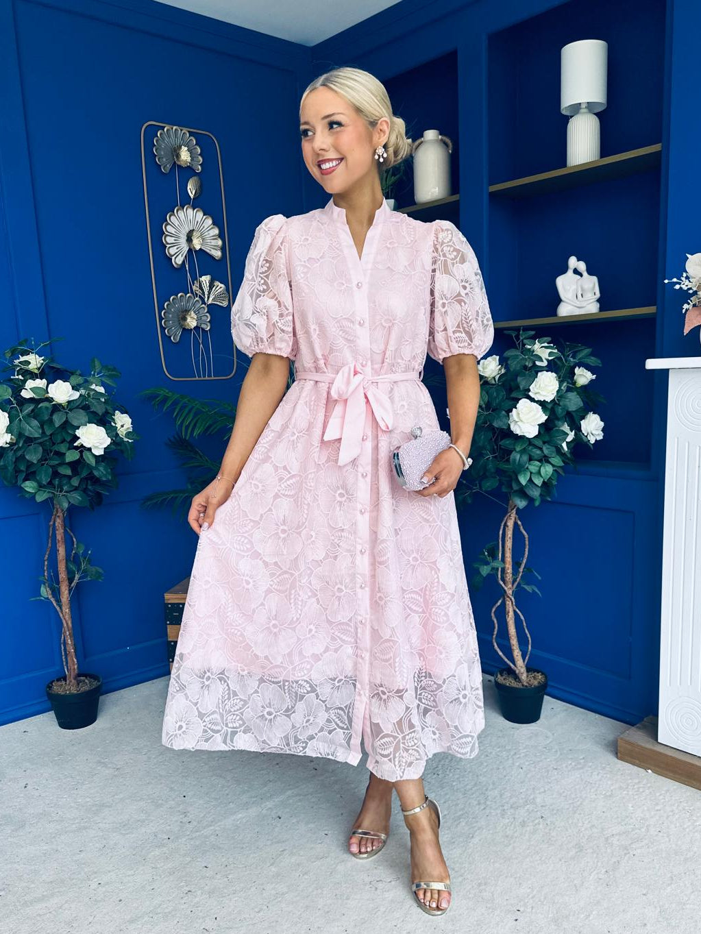 Destiny Short Sleeve Lace Shirt Dress Pink