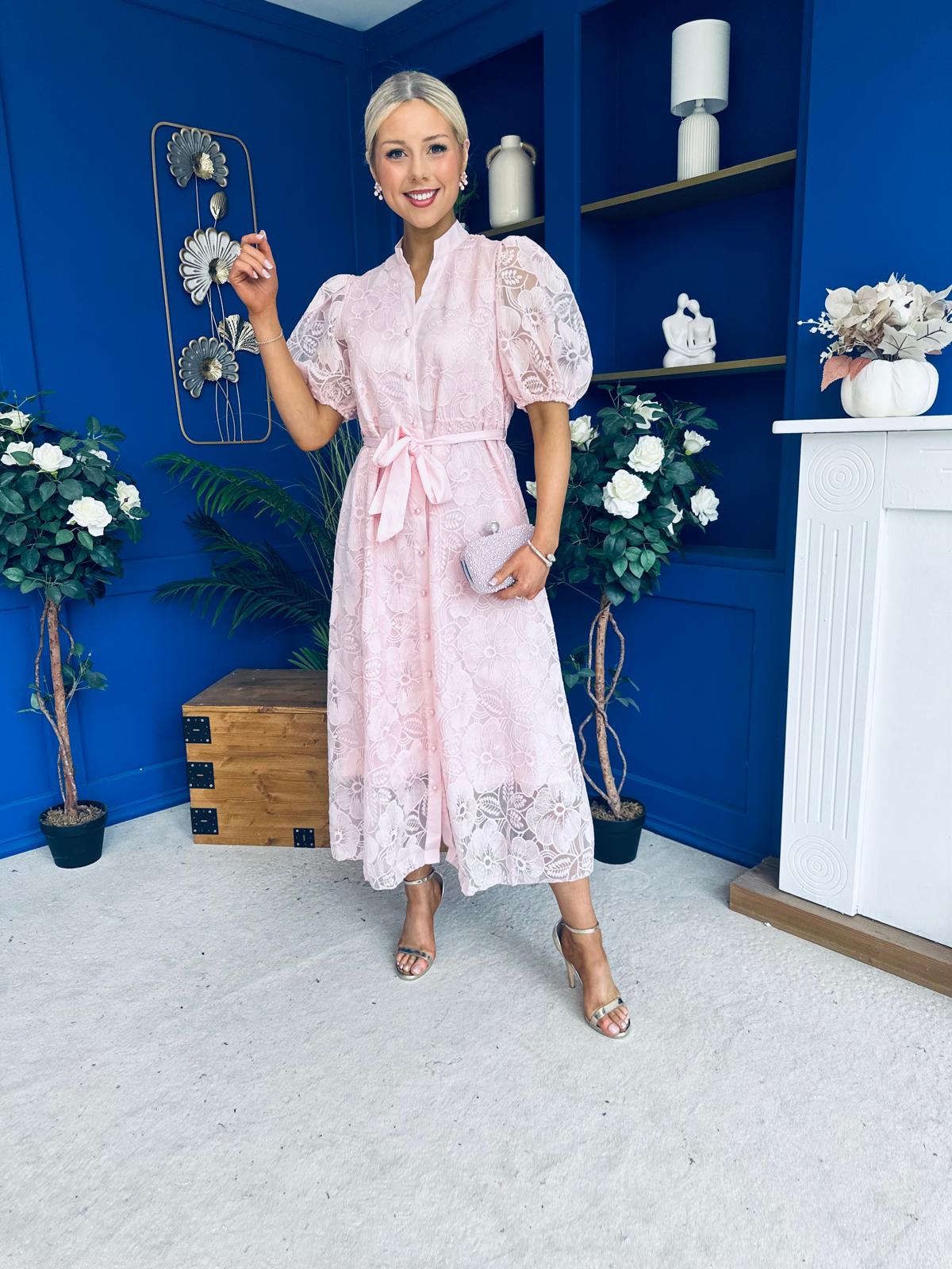 Destiny Short Sleeve Lace Shirt Dress Pink