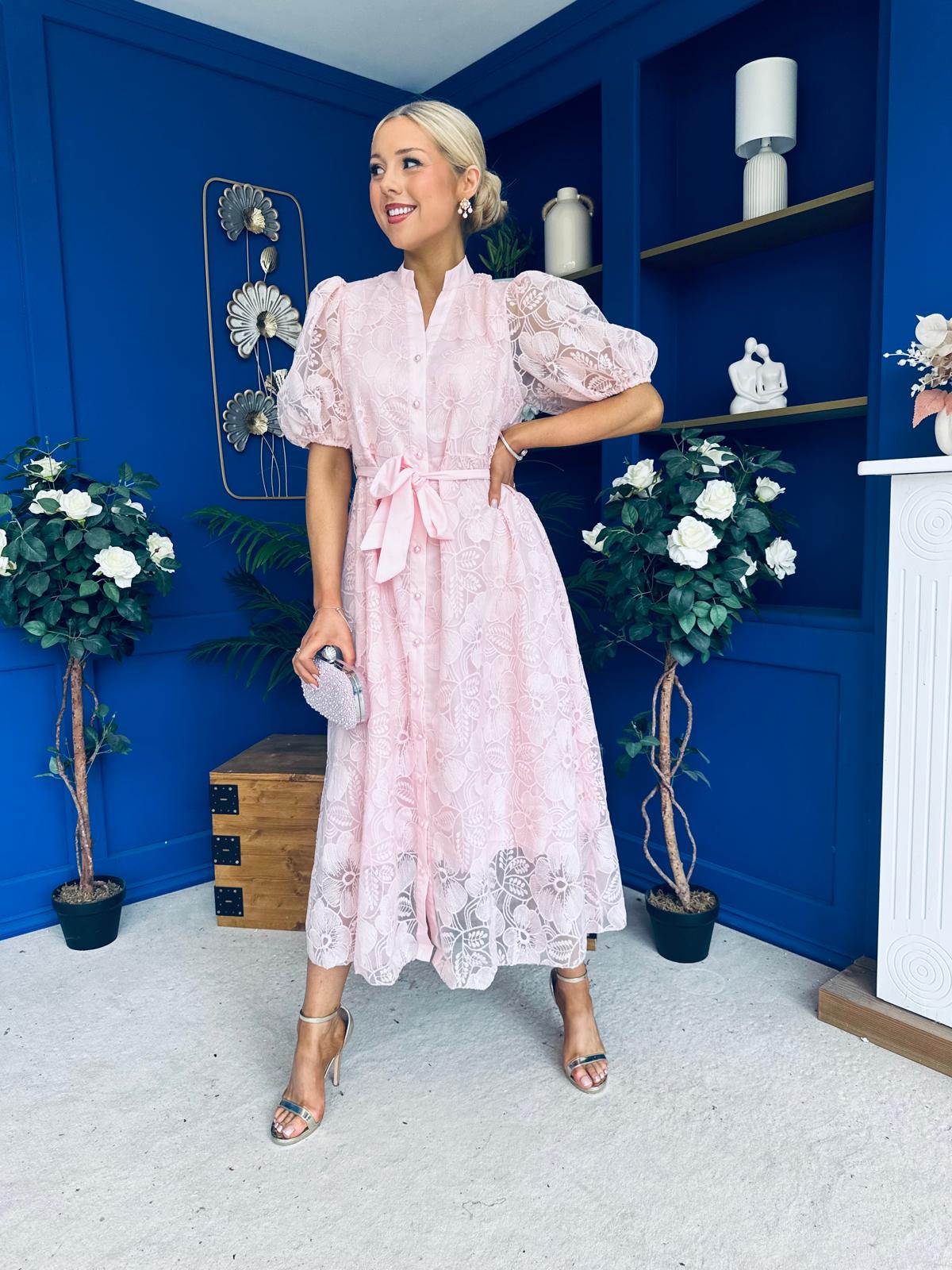 Destiny Short Sleeve Lace Shirt Dress Pink