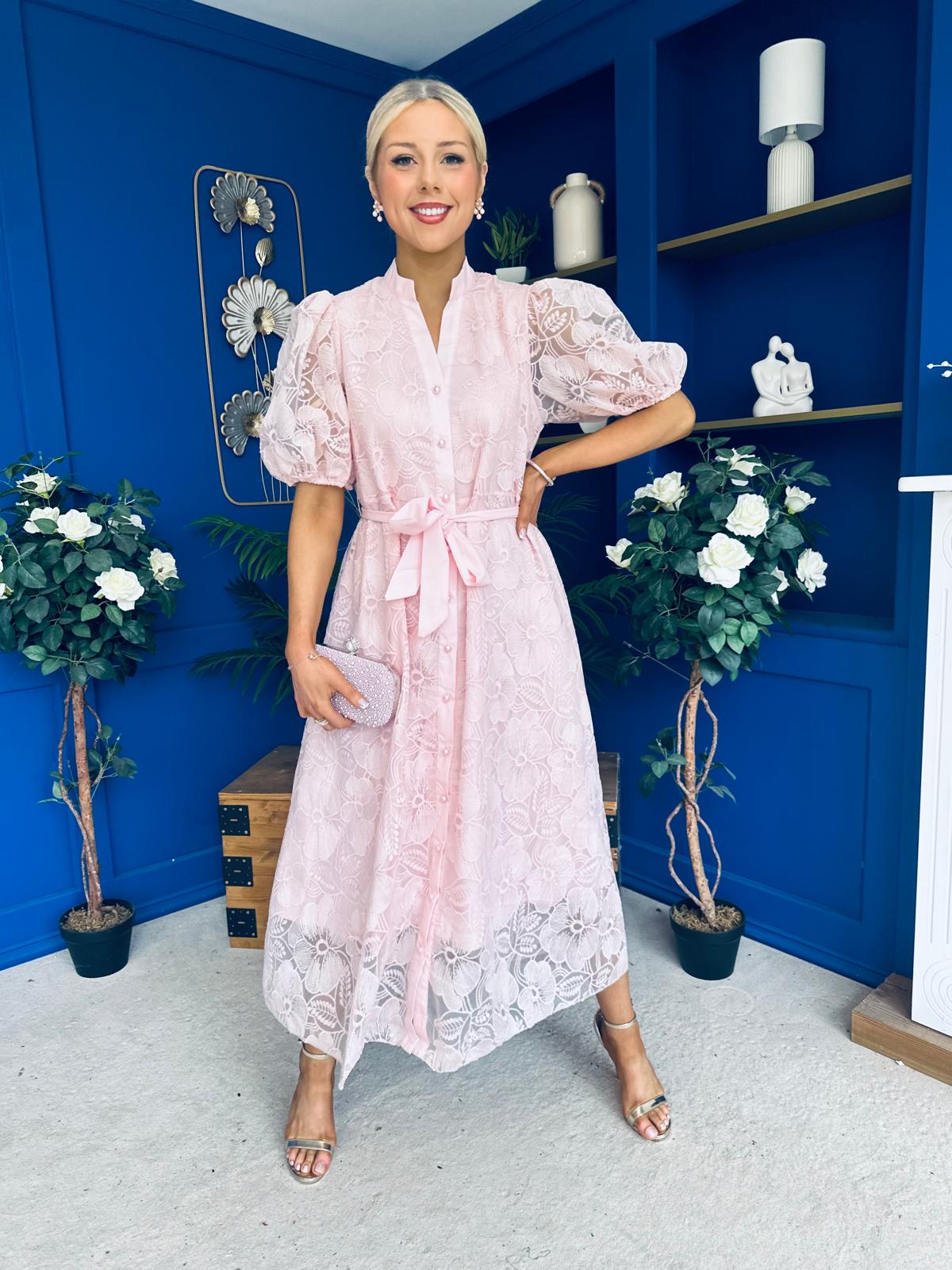 Destiny Short Sleeve Lace Shirt Dress Pink