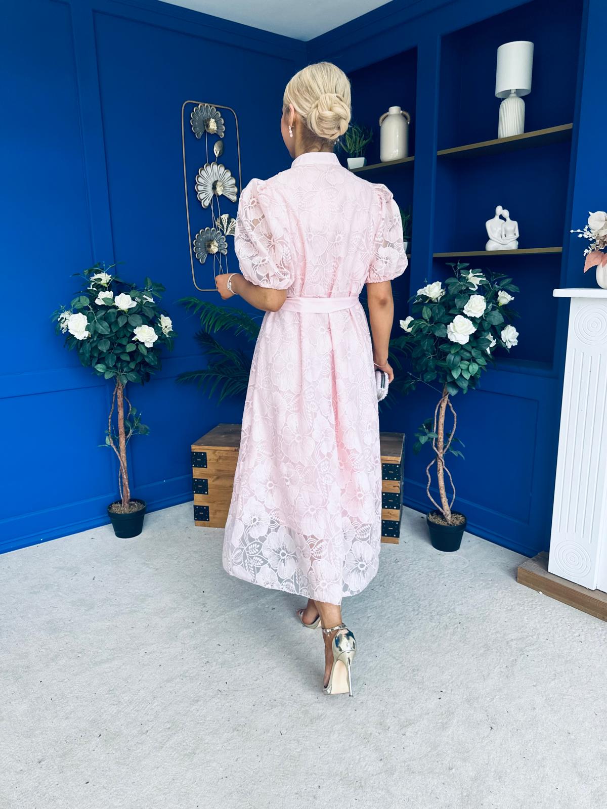 Destiny Short Sleeve Lace Shirt Dress Pink