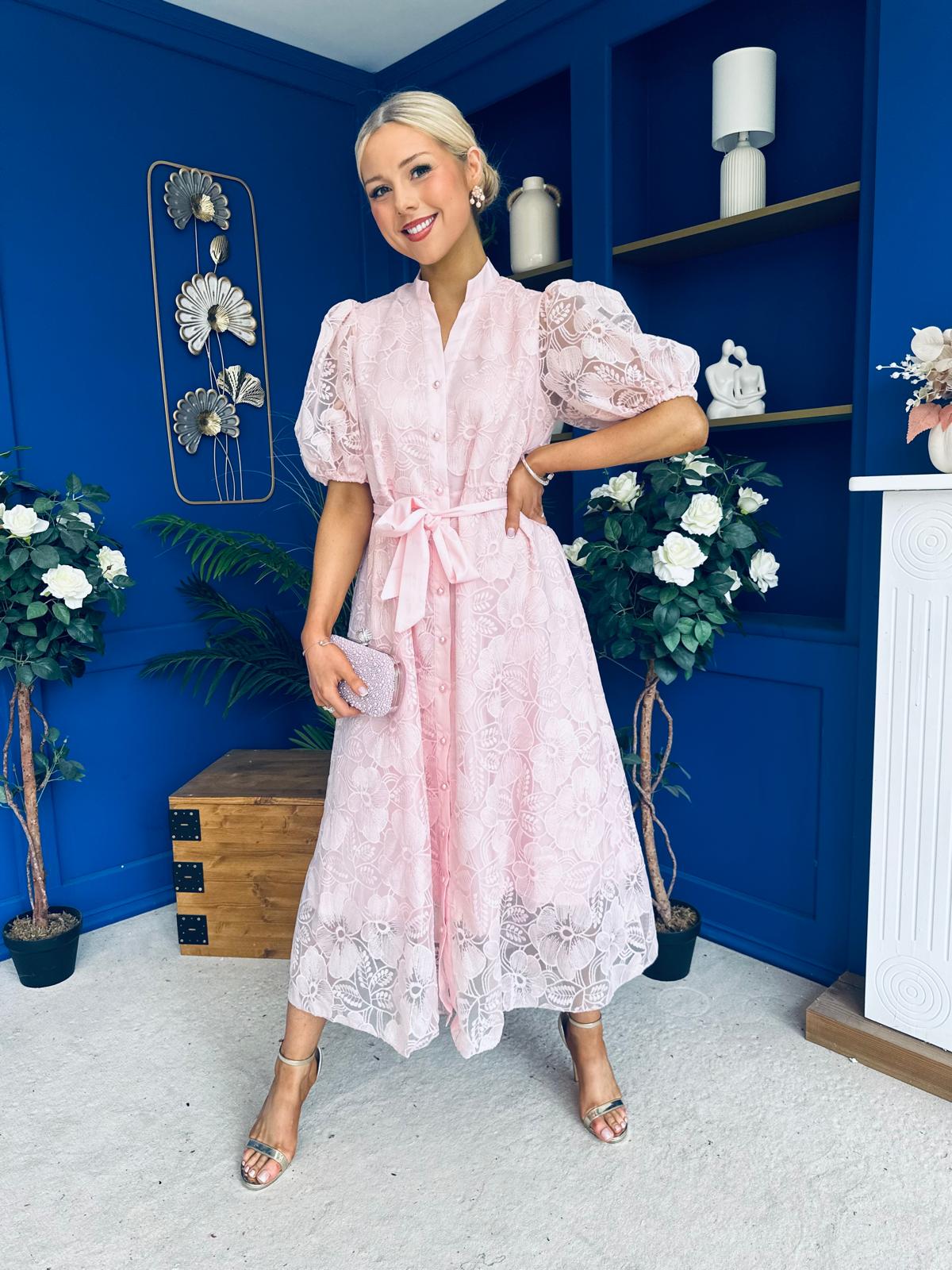 Destiny Short Sleeve Lace Shirt Dress Pink