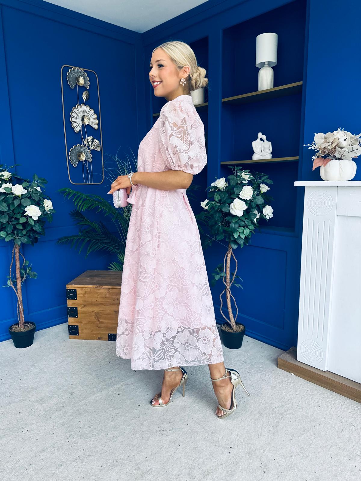Destiny Short Sleeve Lace Shirt Dress Pink