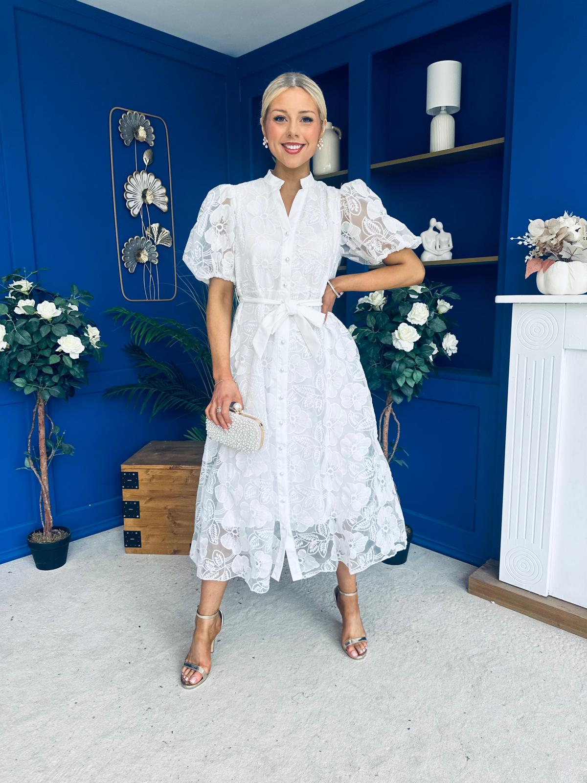 Destiny Short Sleeve Lace Shirt Dress Cream