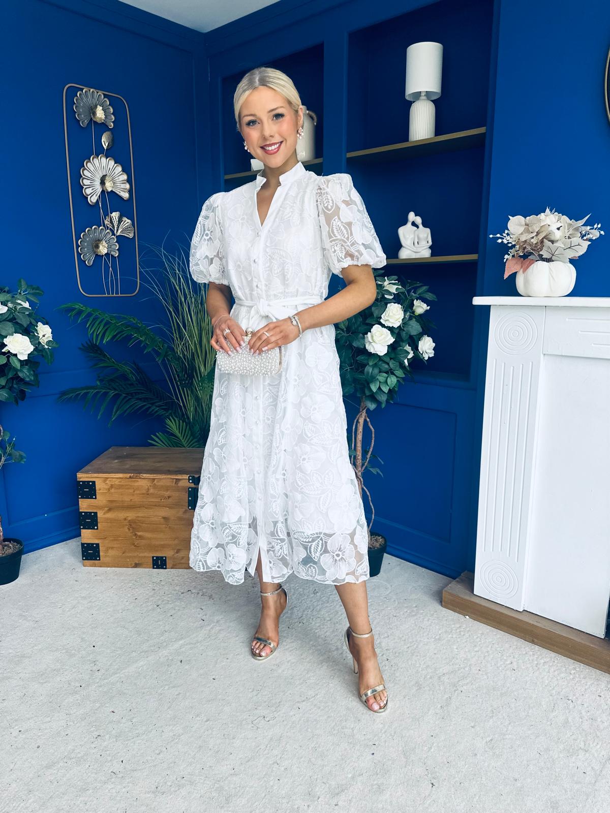 Destiny Short Sleeve Lace Shirt Dress Cream