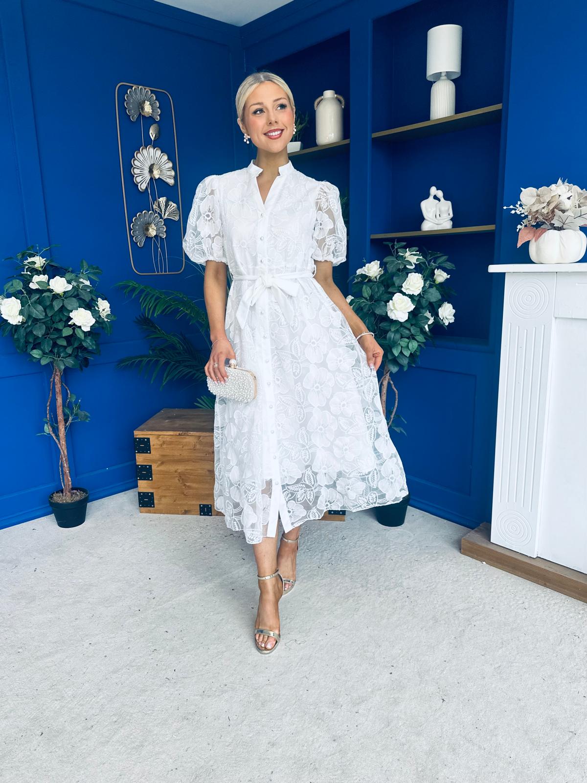 Destiny Short Sleeve Lace Shirt Dress Cream
