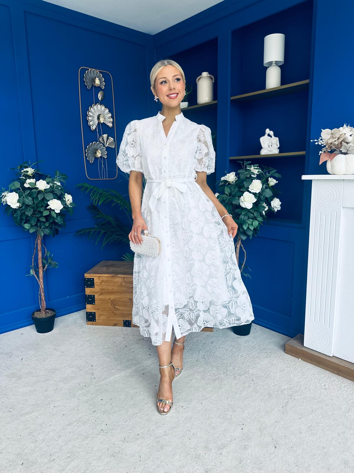 Destiny Short Sleeve Lace Shirt Dress Cream