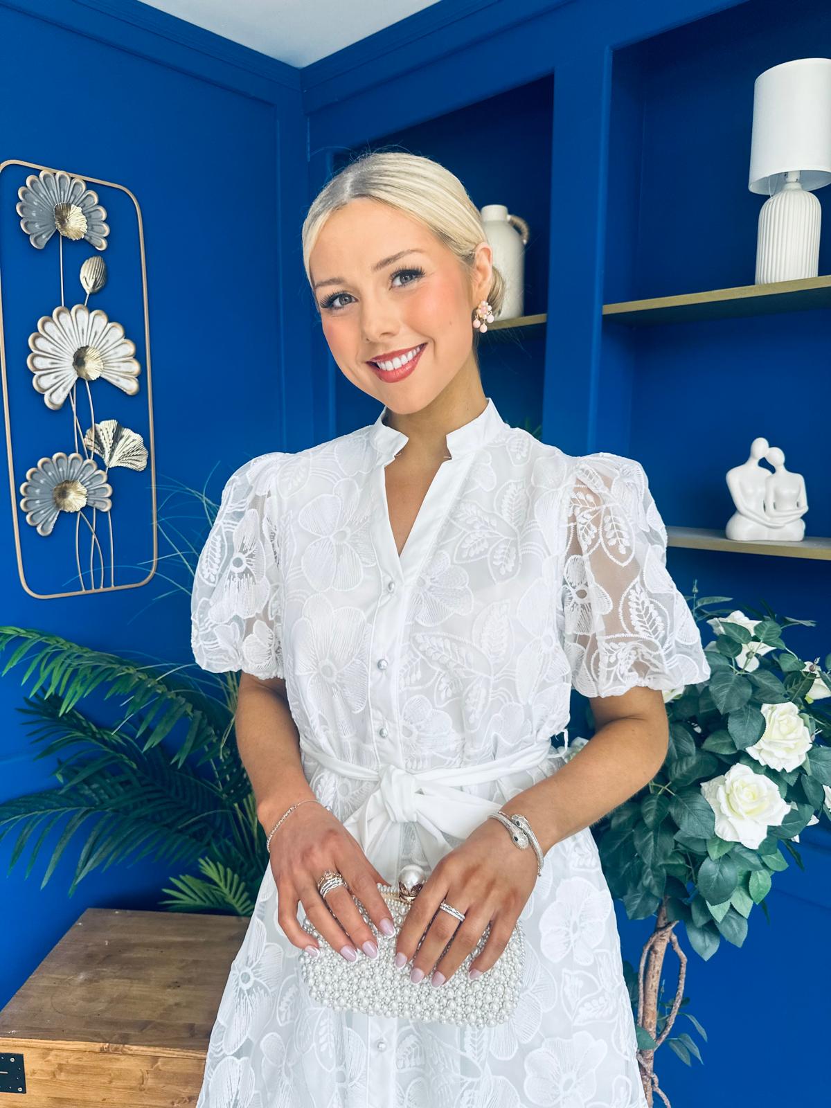 Destiny Short Sleeve Lace Shirt Dress Cream