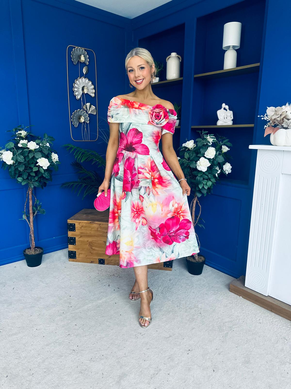 Willow Detailed Bardot Midi Dress Floral Green