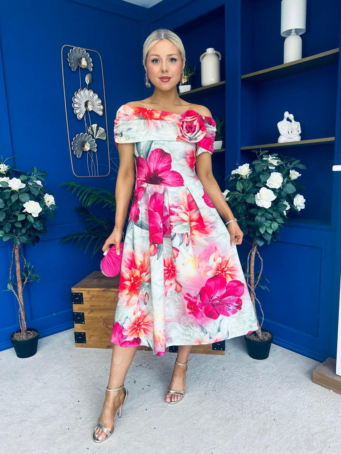 Willow Detailed Bardot Midi Dress Floral Green