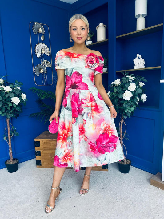 Willow Detailed Bardot Midi Dress Floral Green