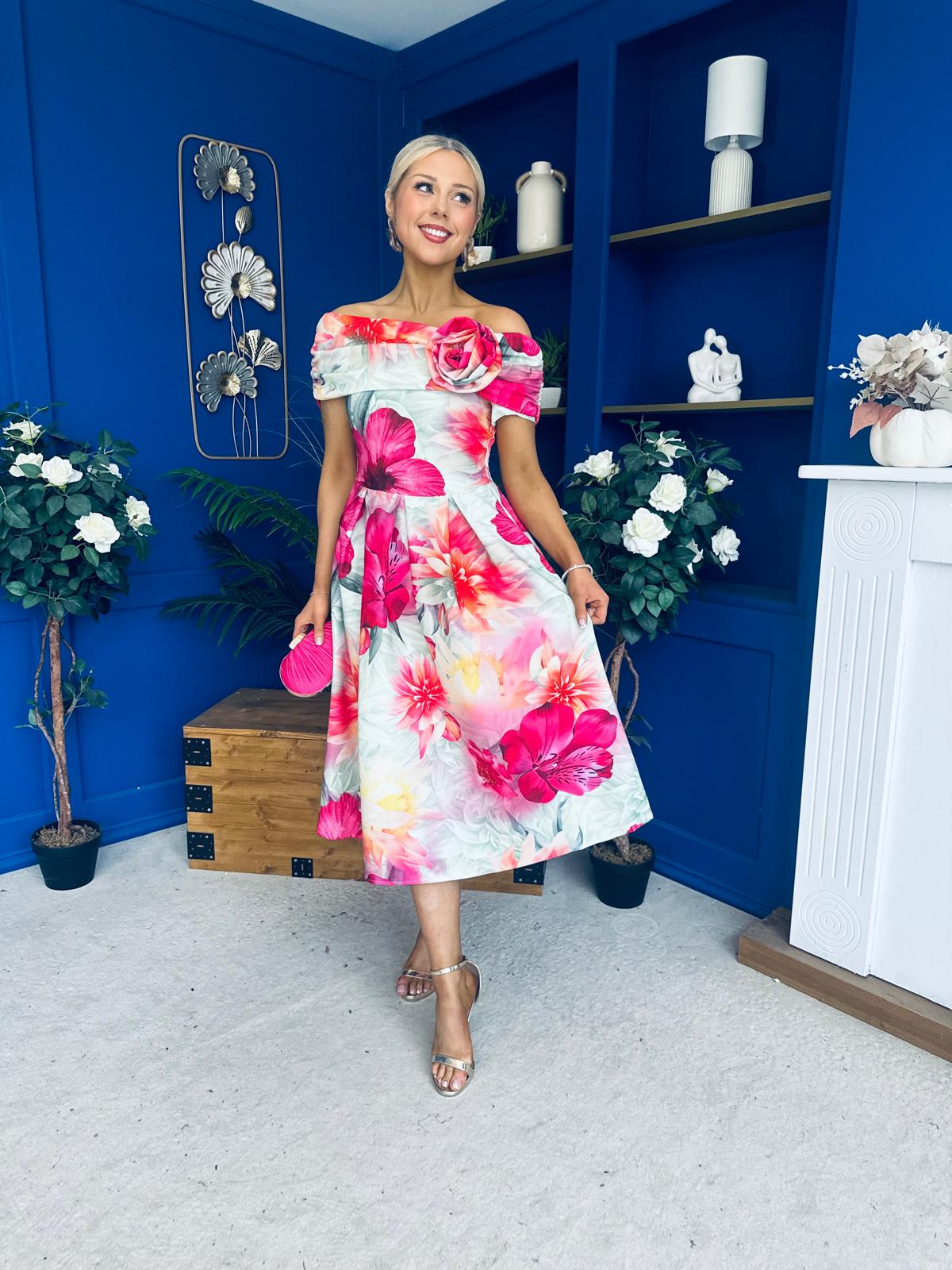 Willow Detailed Bardot Midi Dress Floral Green