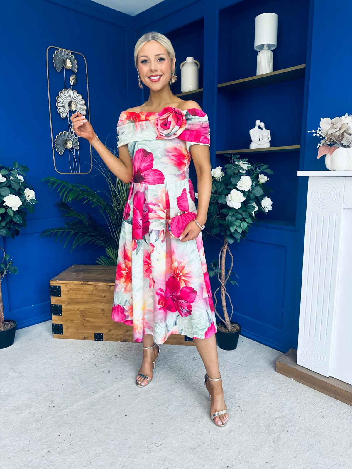 Willow Detailed Bardot Midi Dress Floral Green