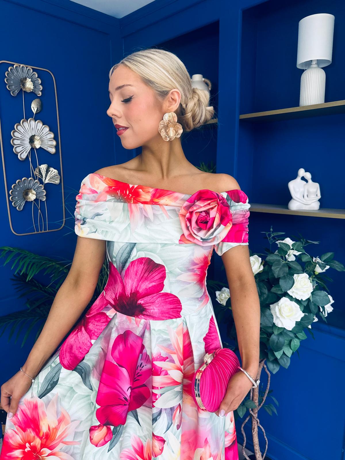 Willow Detailed Bardot Midi Dress Floral Green