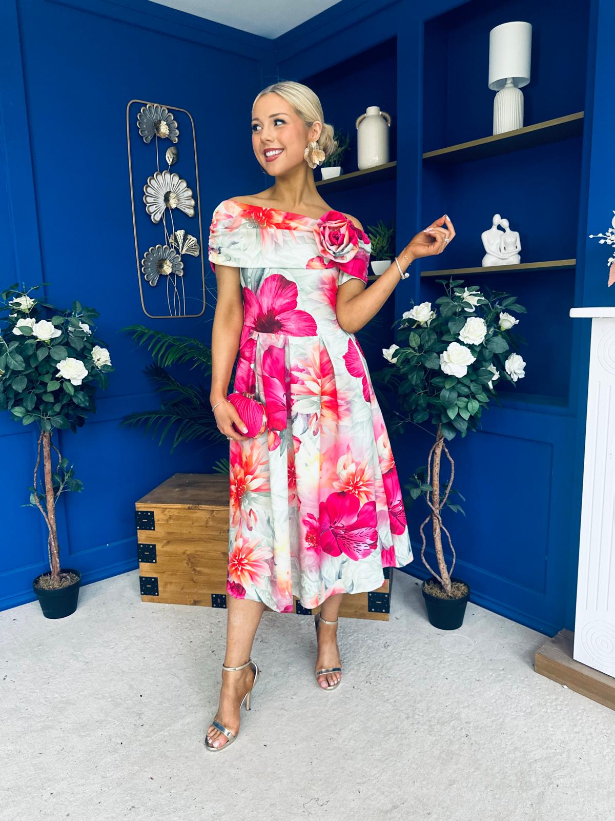 Willow Detailed Bardot Midi Dress Floral Green