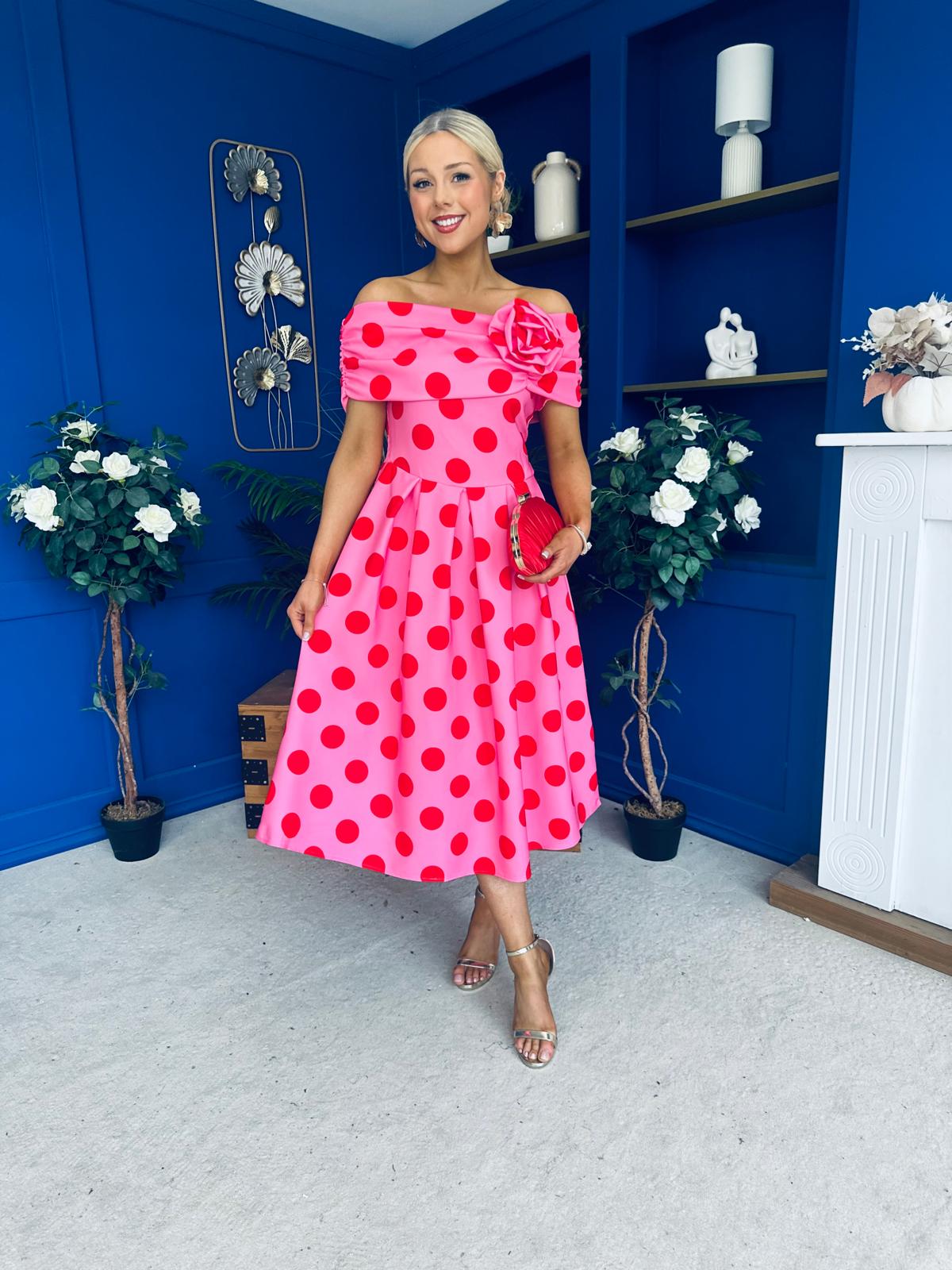 Willow Detailed Bardot Midi Dress Red Polka Cerise