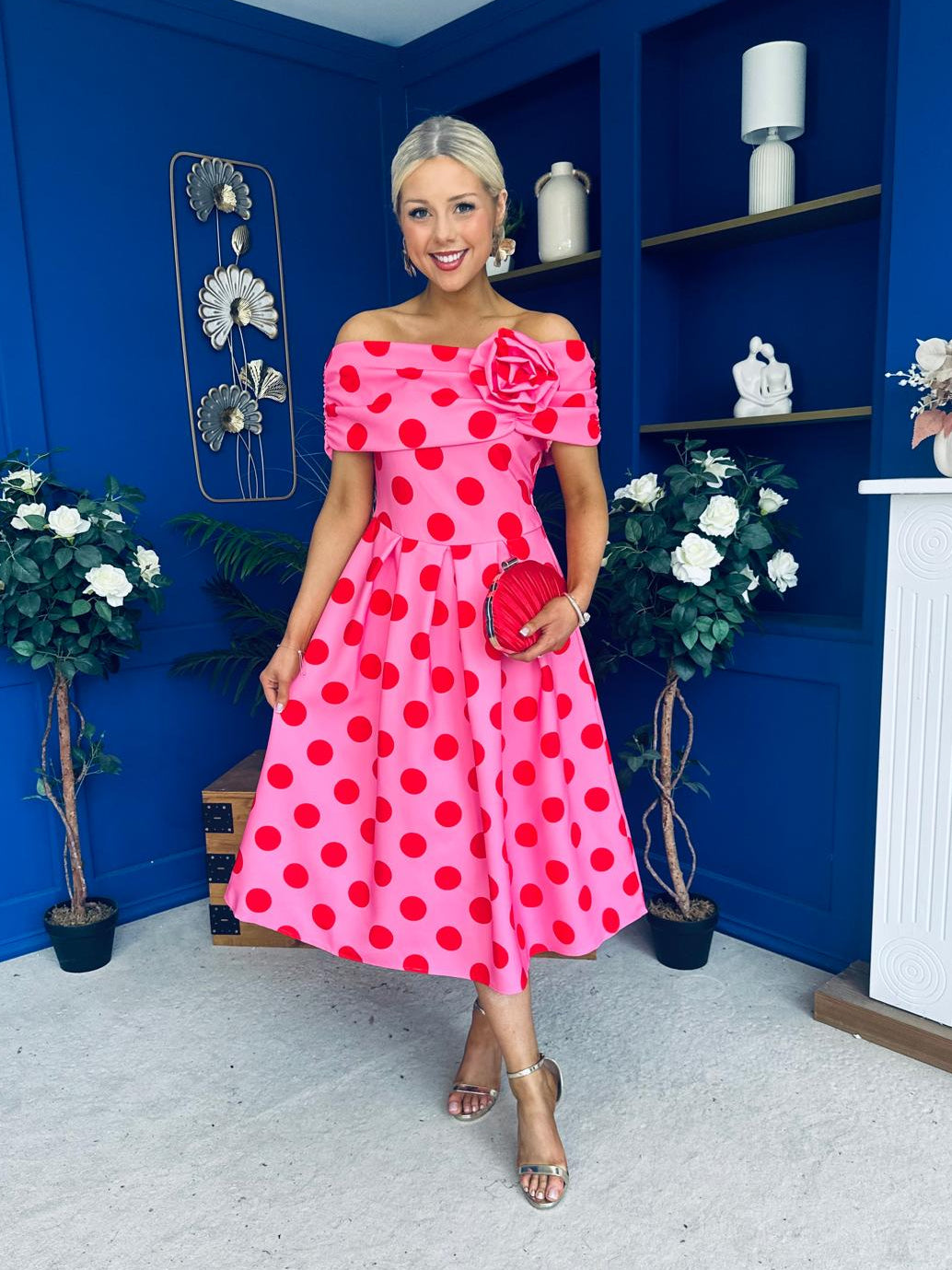 Willow Detailed Bardot Midi Dress Red Polka Cerise