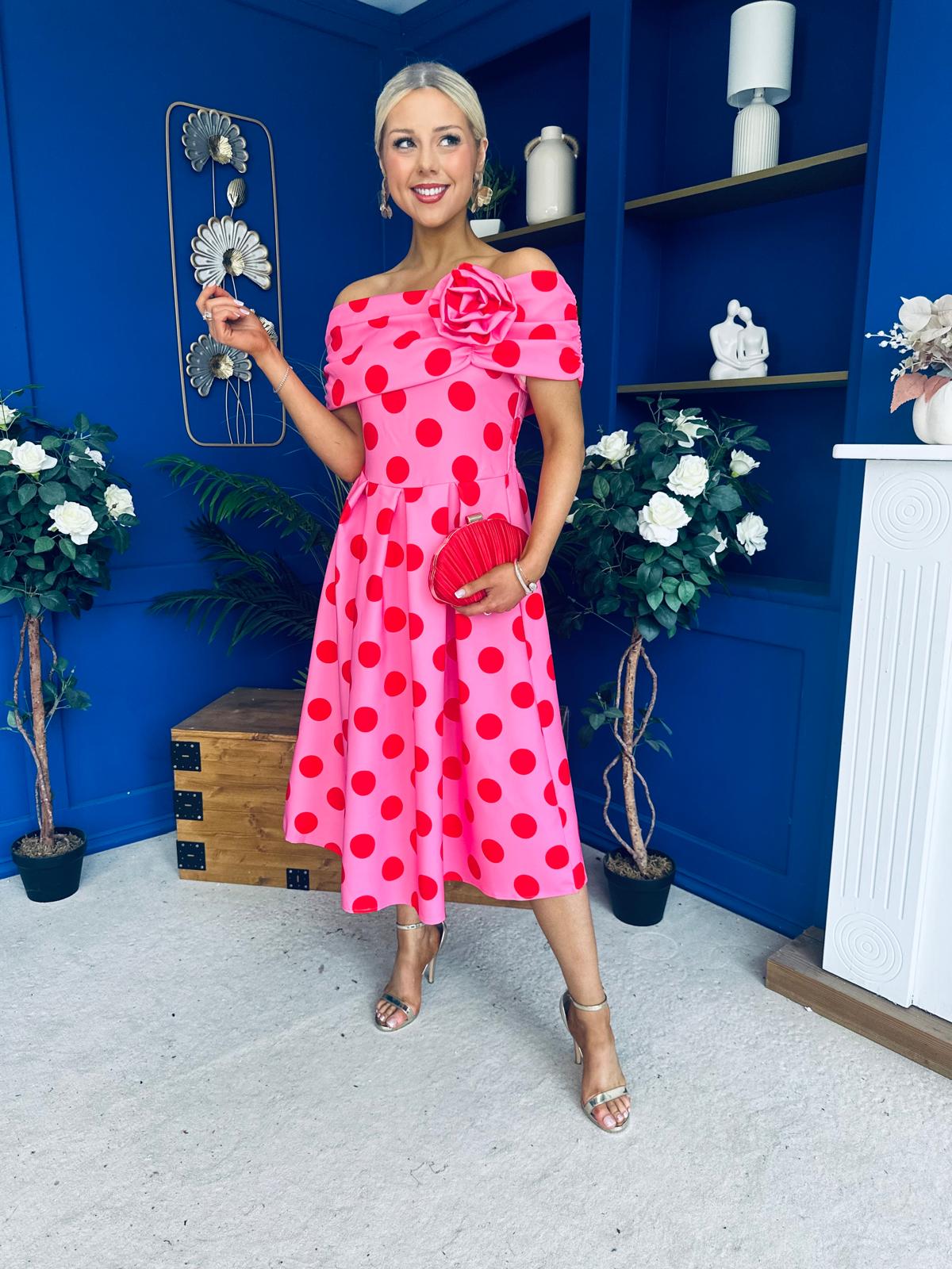 Willow Detailed Bardot Midi Dress Red Polka Cerise