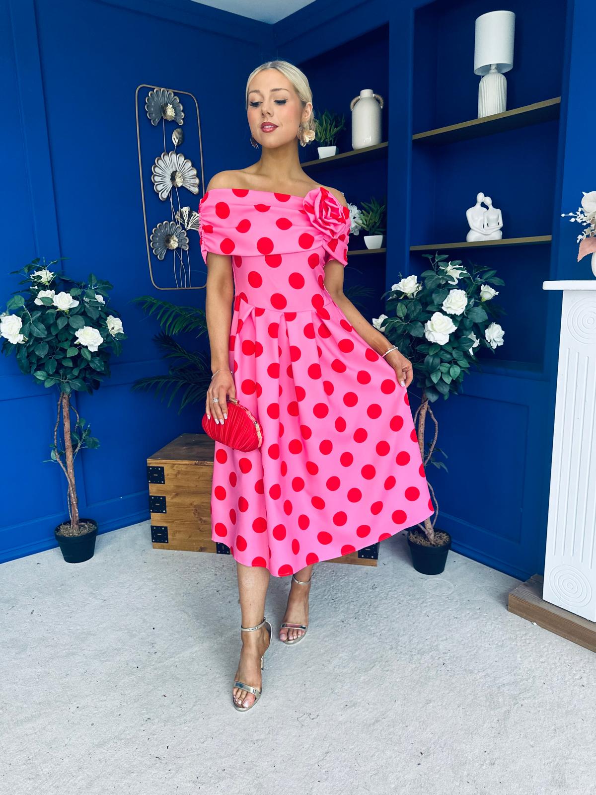 Willow Detailed Bardot Midi Dress Red Polka Cerise