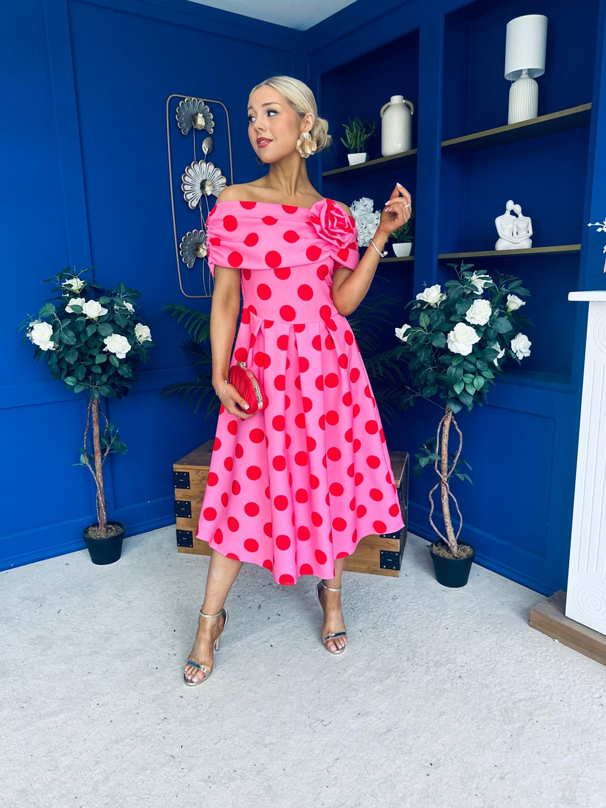 Willow Detailed Bardot Midi Dress Red Polka Cerise