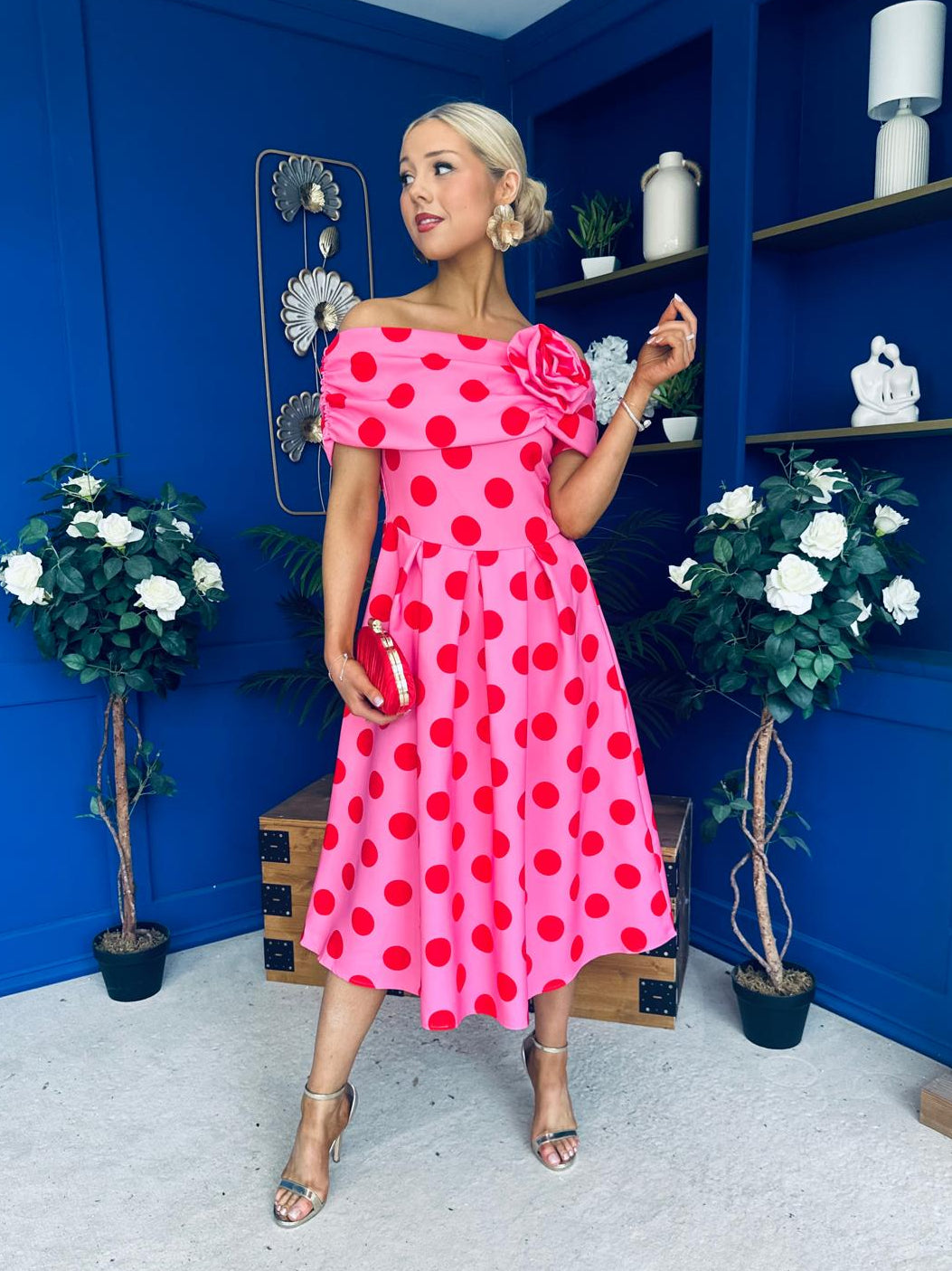 Willow Detailed Bardot Midi Dress Red Polka Cerise