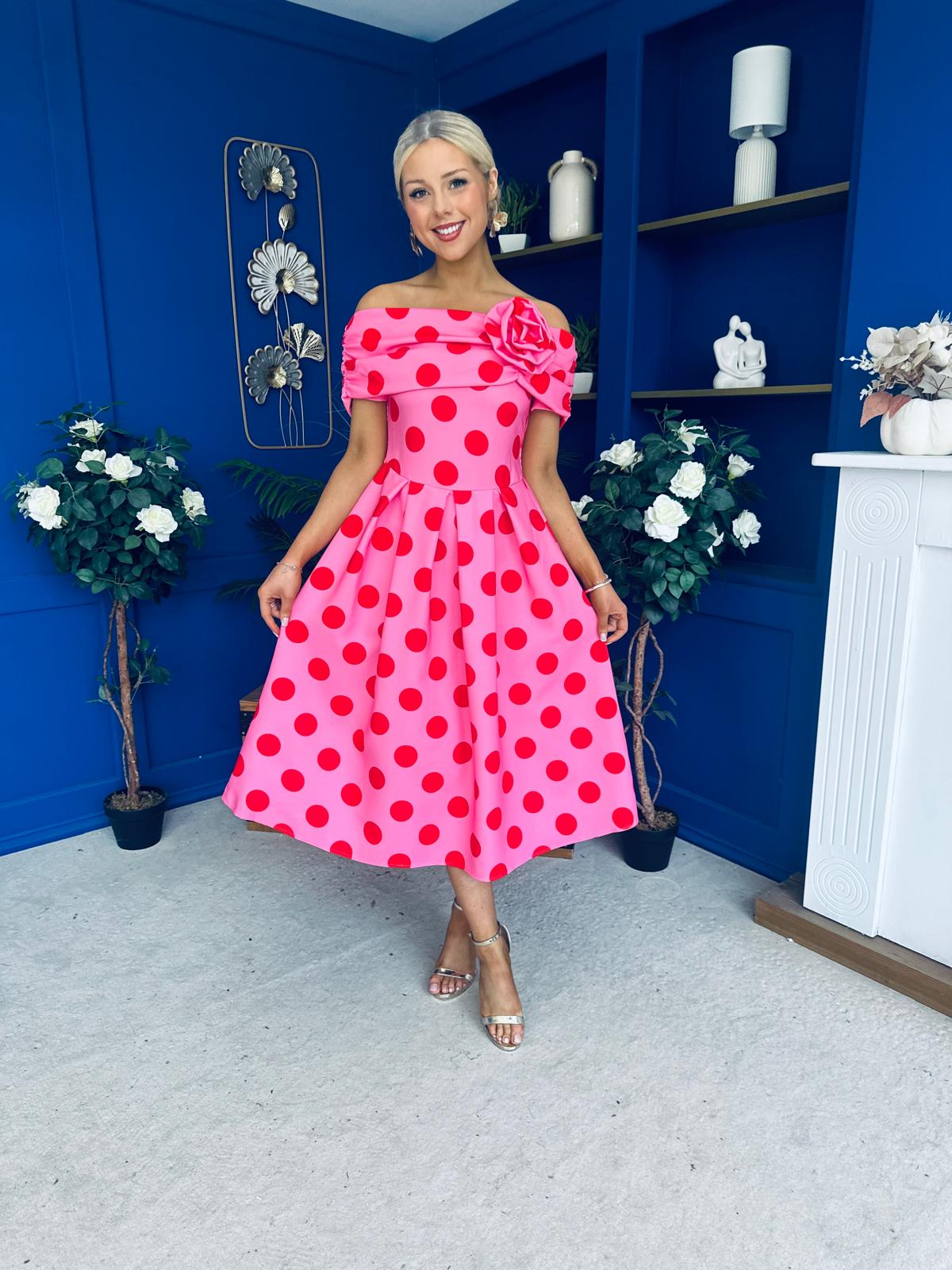 Willow Detailed Bardot Midi Dress Red Polka Cerise