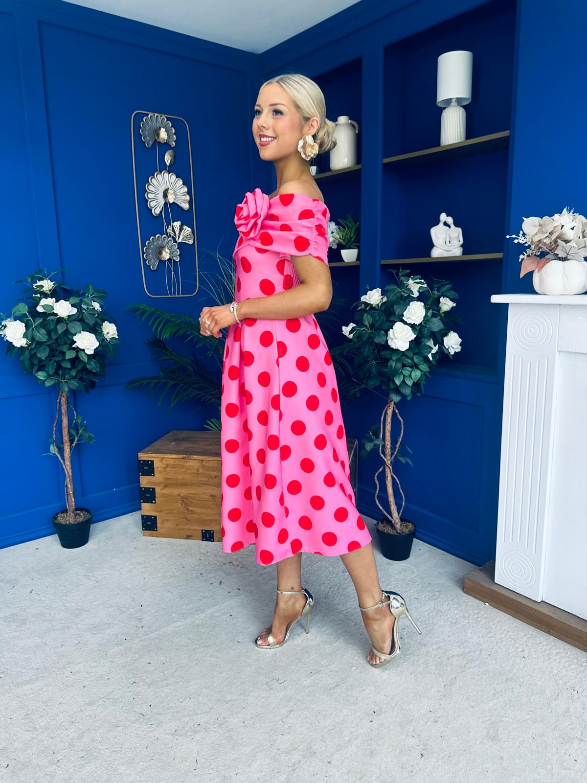 Willow Detailed Bardot Midi Dress Red Polka Cerise