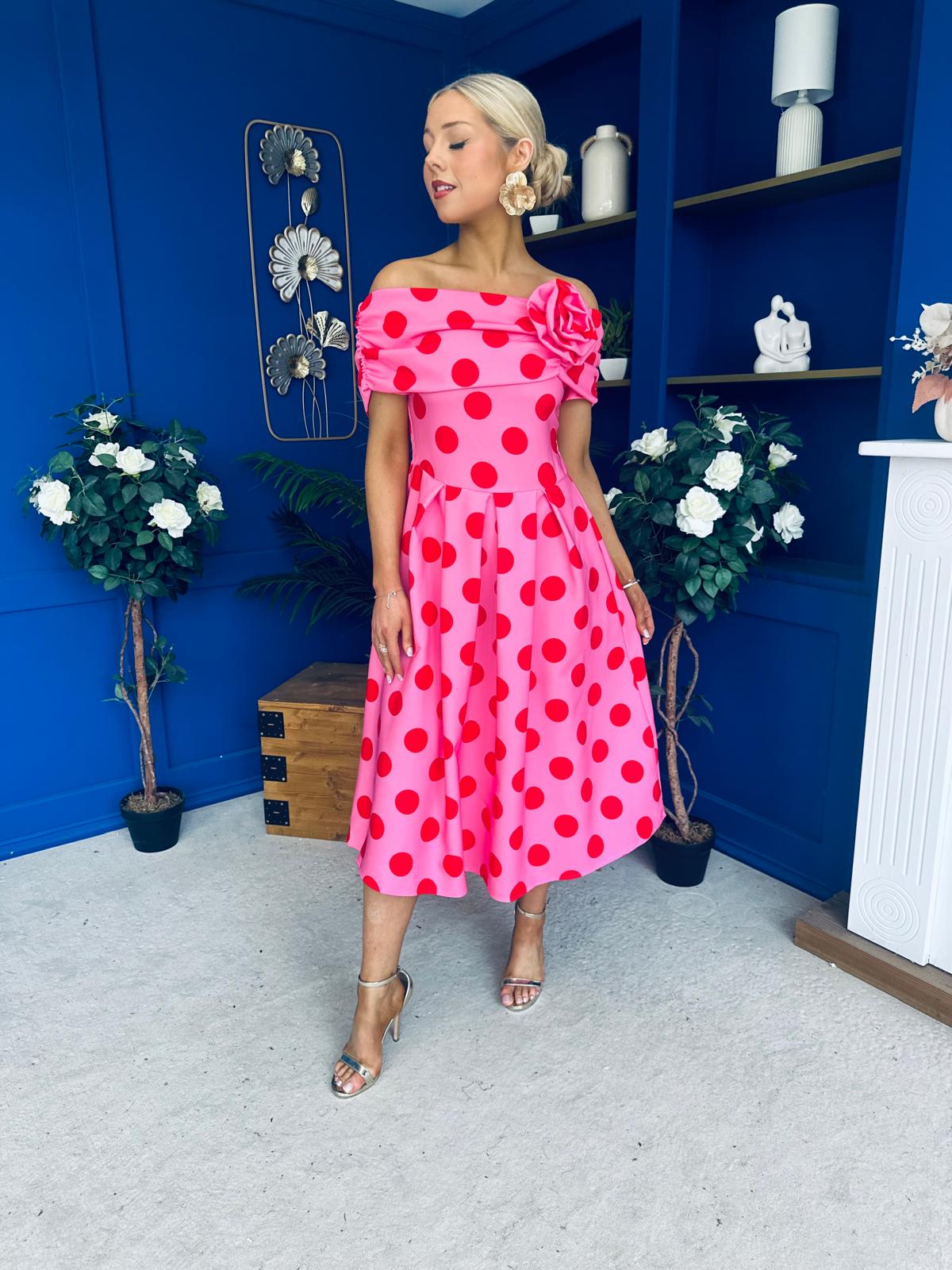 Willow Detailed Bardot Midi Dress Red Polka Cerise