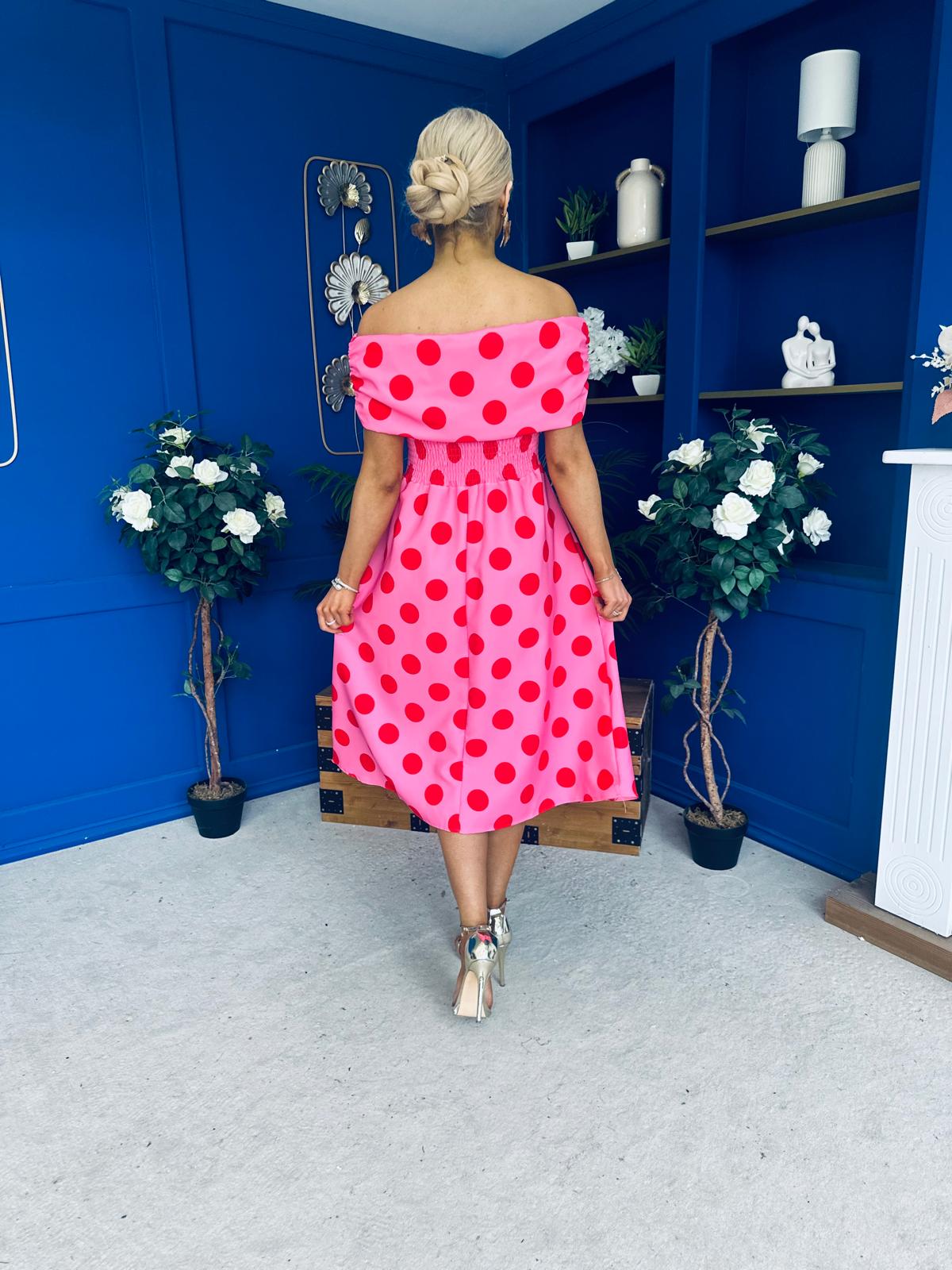 Willow Detailed Bardot Midi Dress Red Polka Cerise