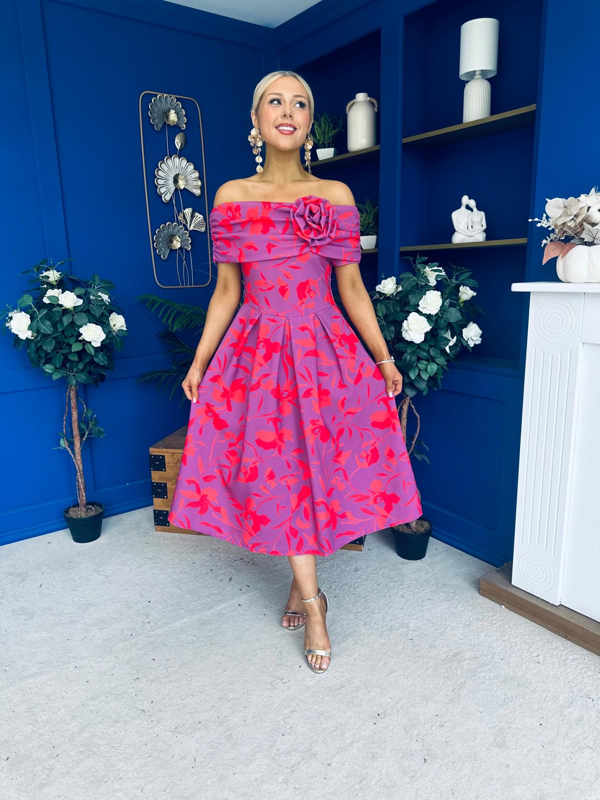 Willow Detailed Bardot Midi Dress Floral Violet