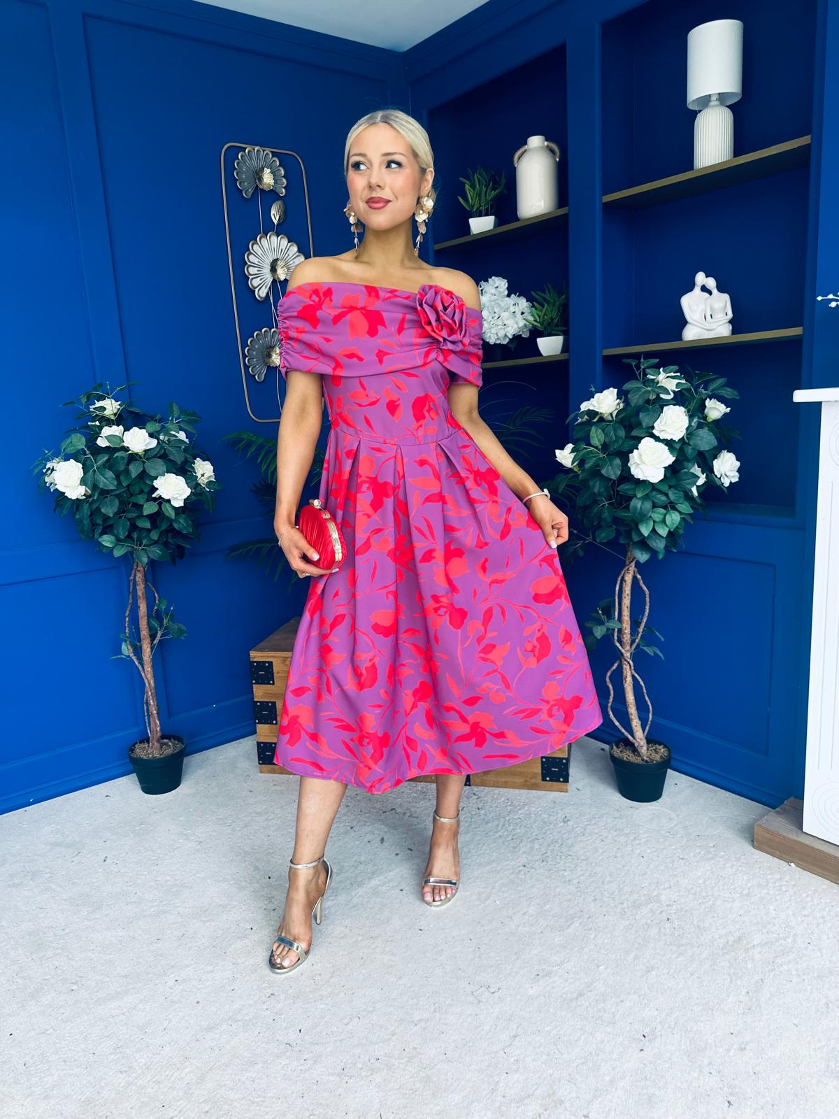 Willow Detailed Bardot Midi Dress Floral Violet