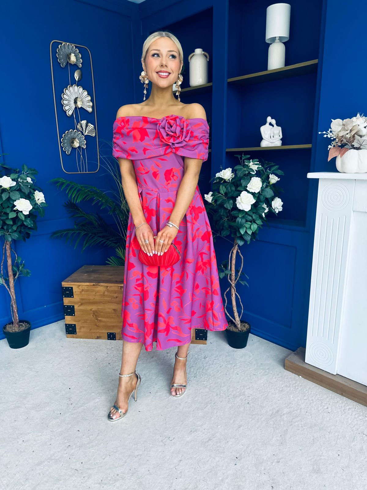 Willow Detailed Bardot Midi Dress Floral Violet