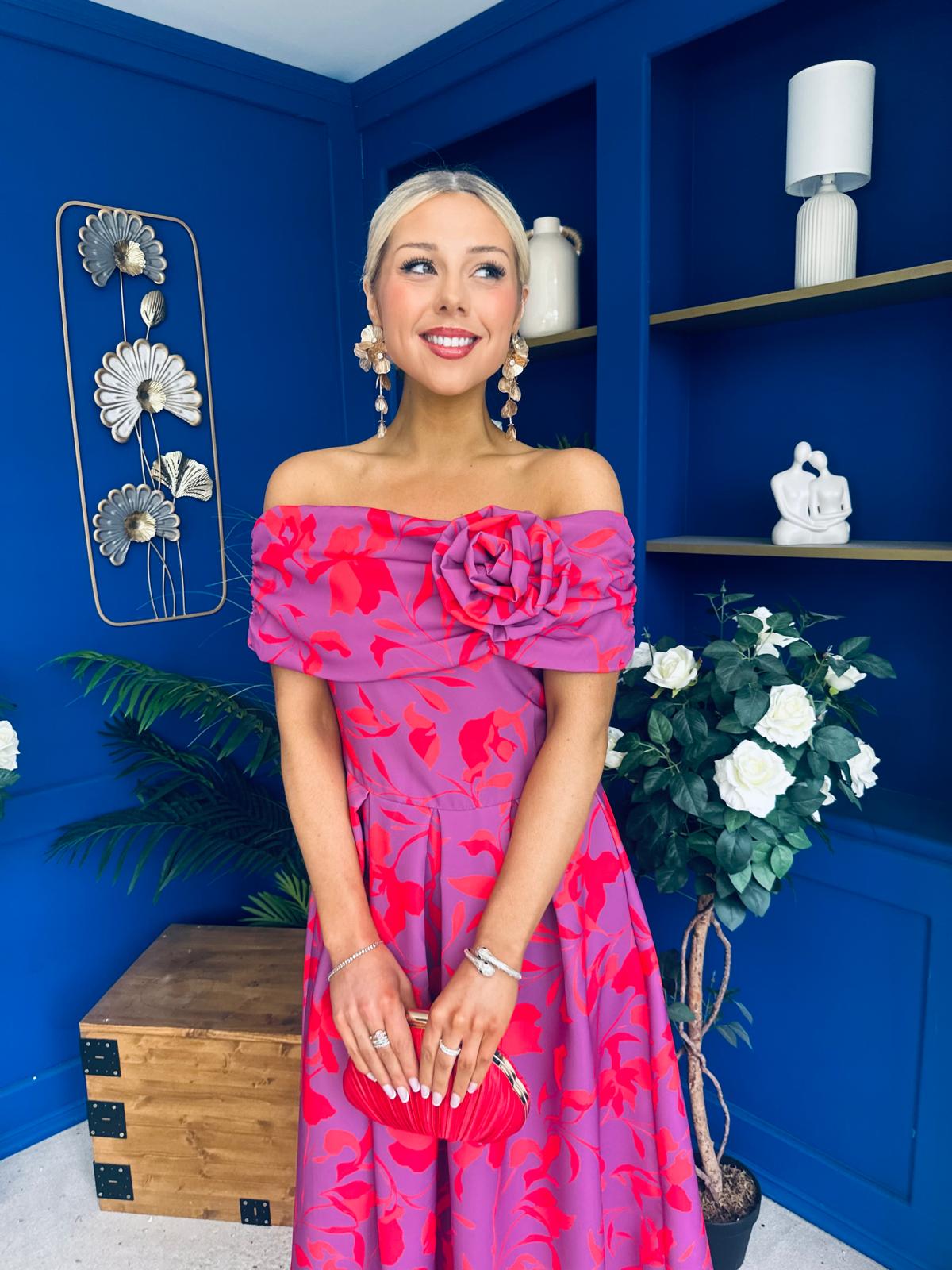 Willow Detailed Bardot Midi Dress Floral Violet