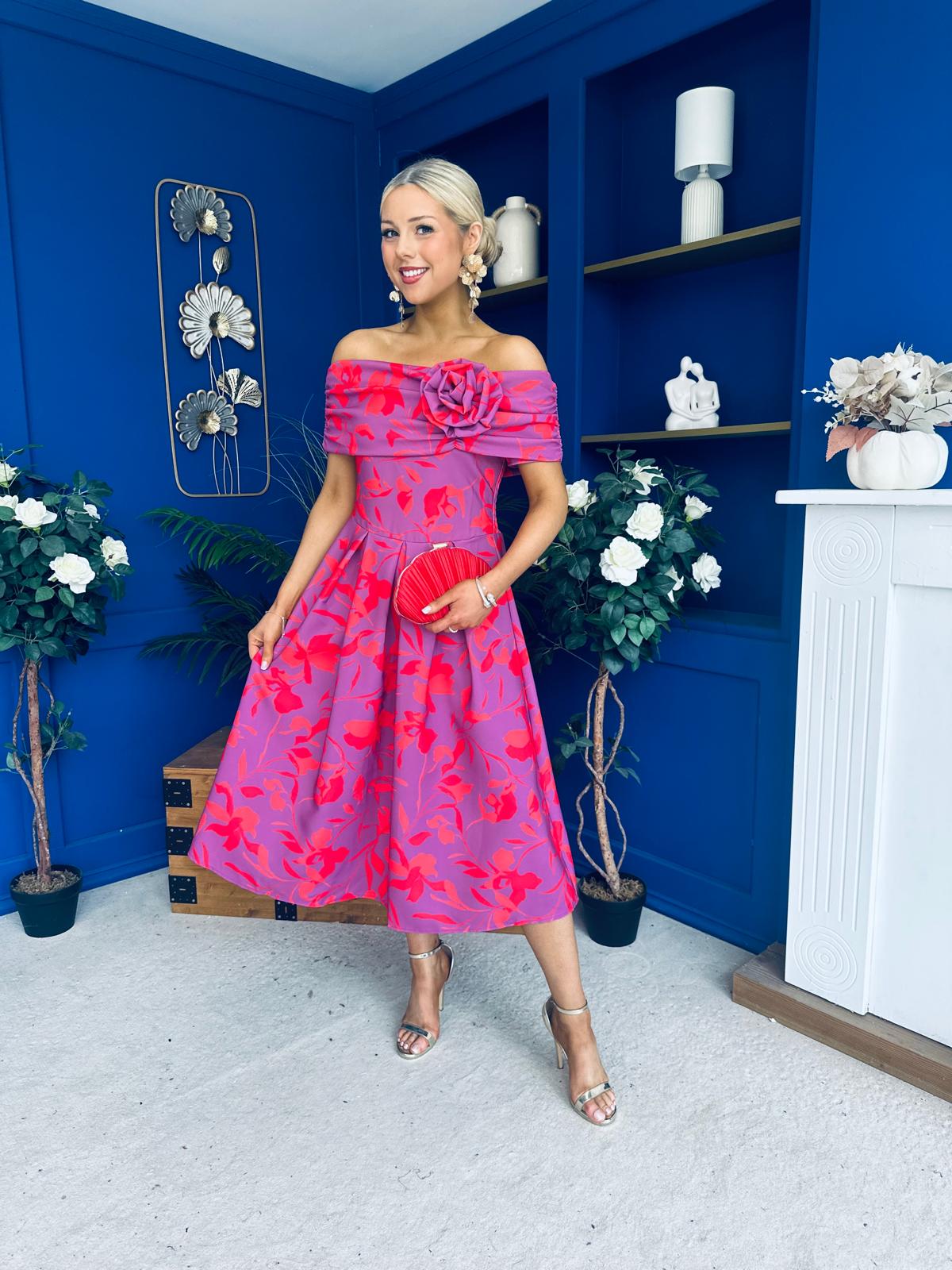 Willow Detailed Bardot Midi Dress Floral Violet
