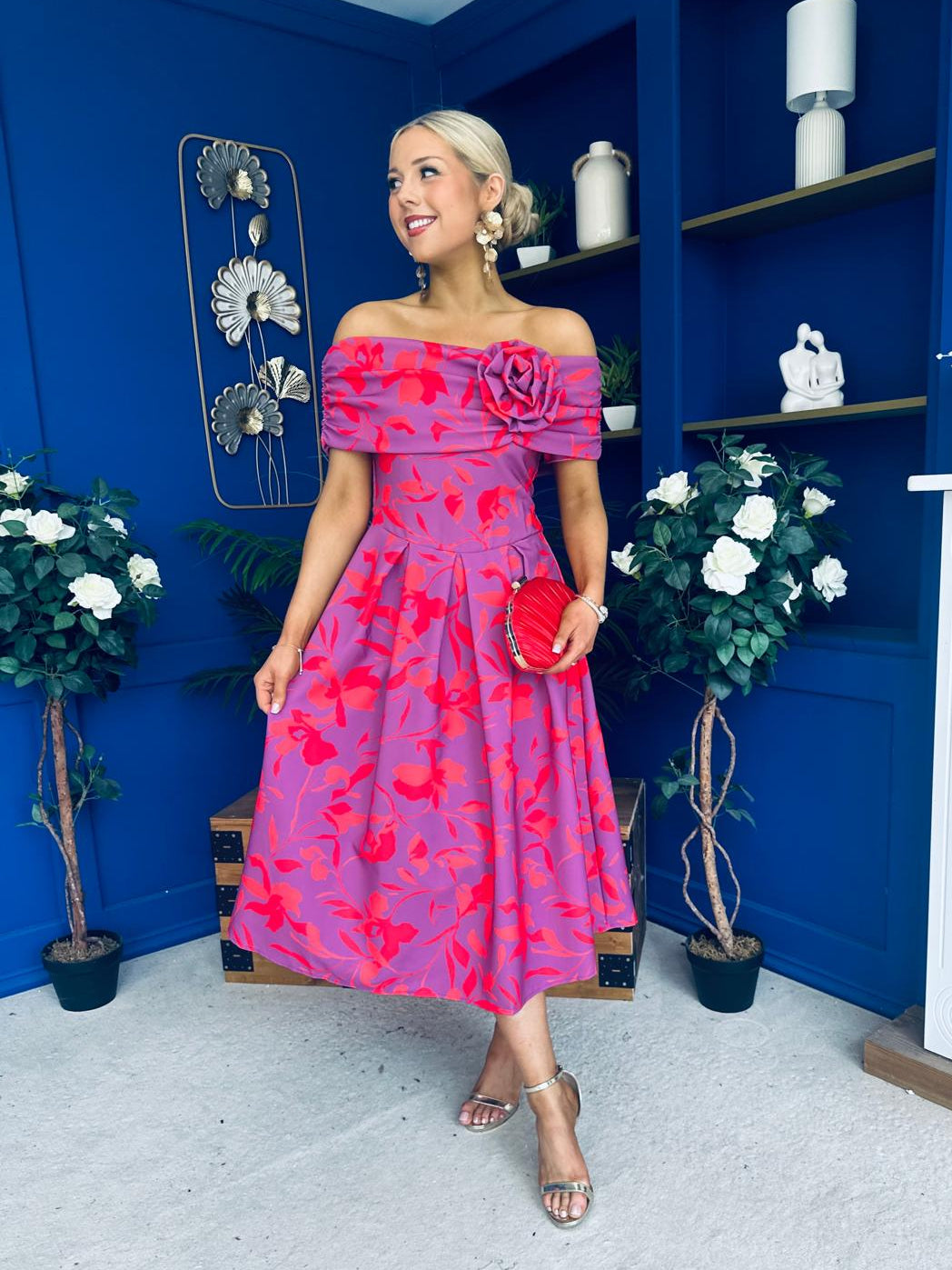 Willow Detailed Bardot Midi Dress Floral Violet