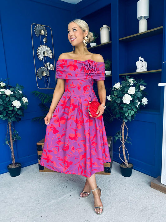 Willow Detailed Bardot Midi Dress Floral Violet